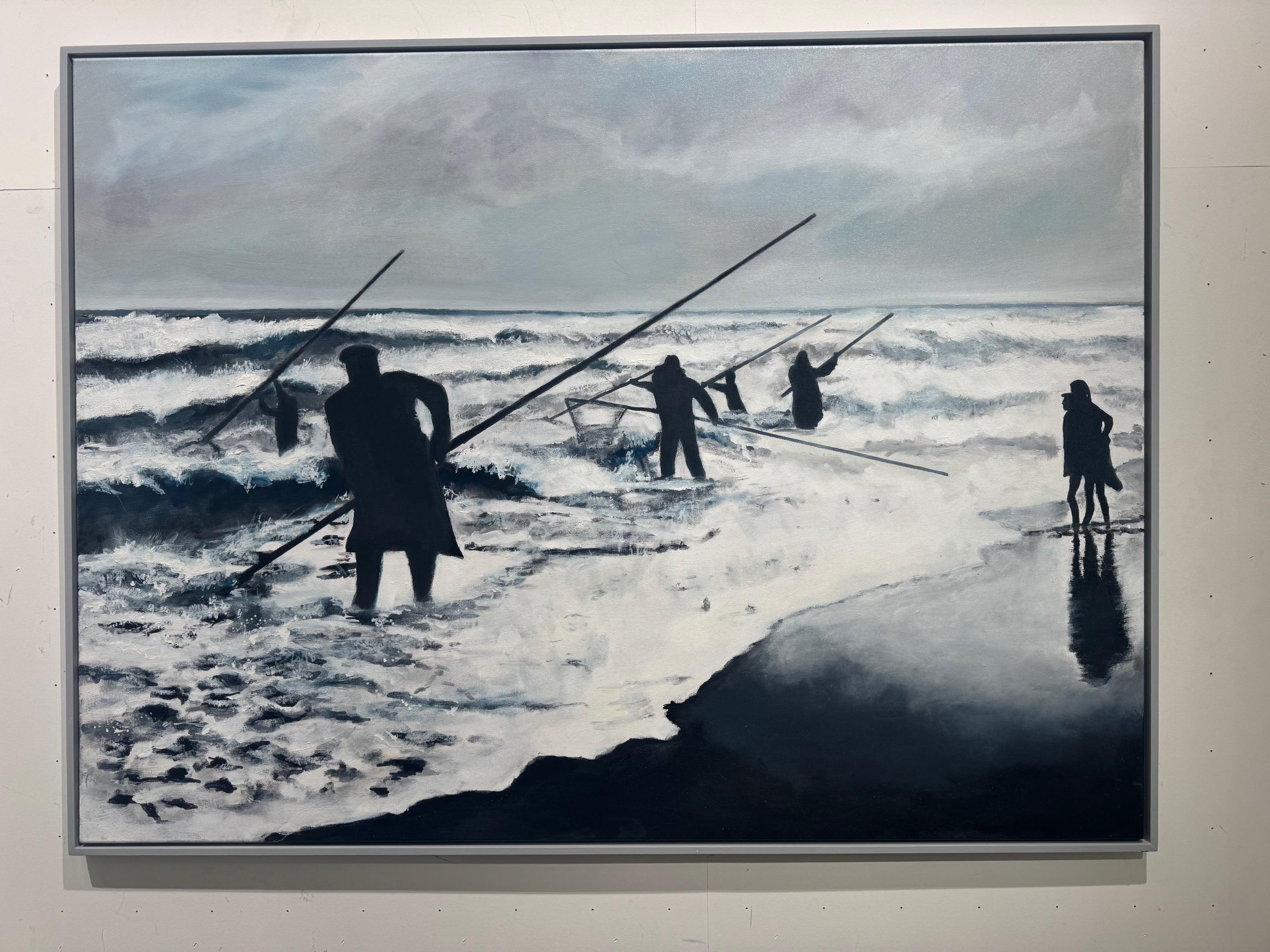 Bernsteinfischer -Seelandschaftsszene -Gruppe beim Fischen nach Bernsteinen im bewölkten Sonnenlicht (Grau), Figurative Painting, von Michael Pröpper