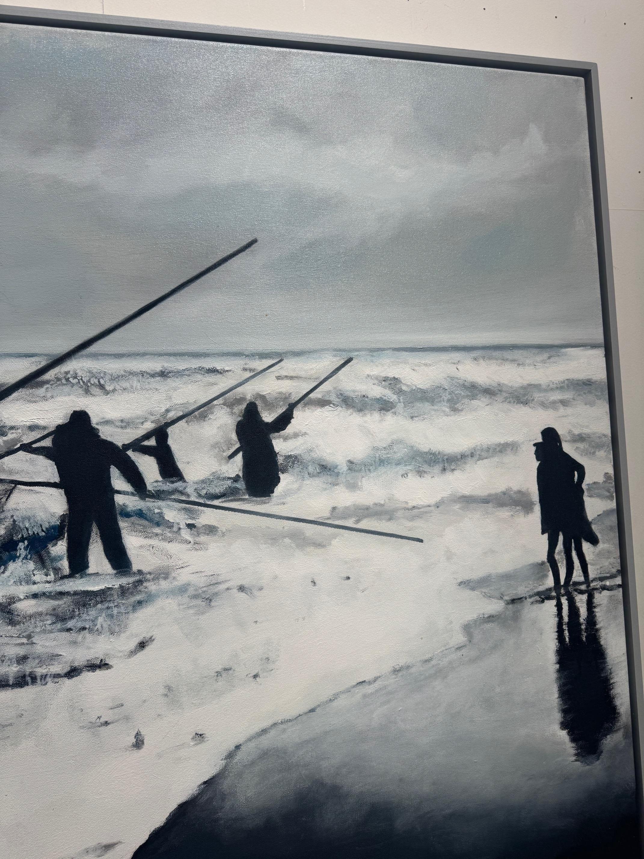 Bernsteinfischer -Seelandschaftsszene -Gruppe beim Fischen nach Bernsteinen im bewölkten Sonnenlicht im Angebot 1