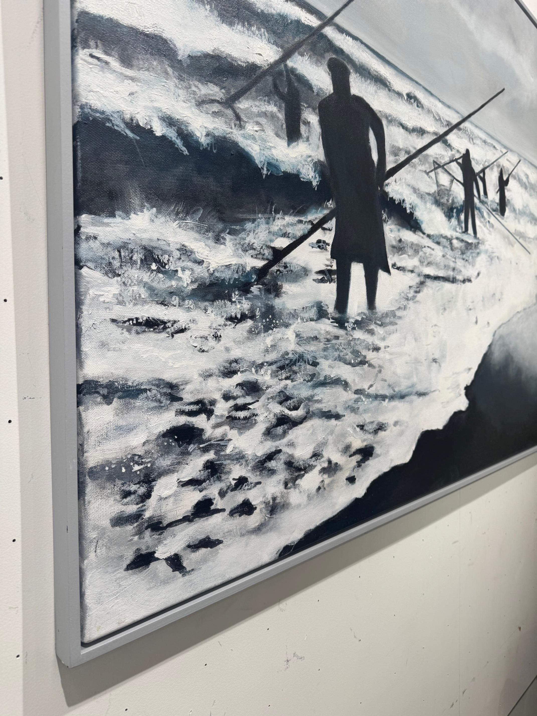 Bernsteinfischer -Seelandschaftsszene -Gruppe beim Fischen nach Bernsteinen im bewölkten Sonnenlicht im Angebot 2