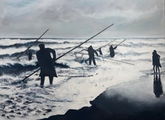 Amber Fishermen -Seascape scene group fishing for amber stone in cloudy sunlight