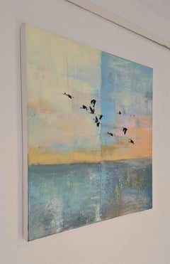 Birdscape II - abstract contemporary art work multilayered assemblage with birds