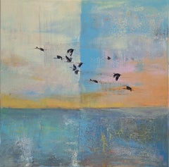Birdscape II - abstract contemporary art work multilayered assemblage with birds