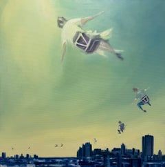 City Flight Dream - contemporary figurative skyline landscape painting artwork