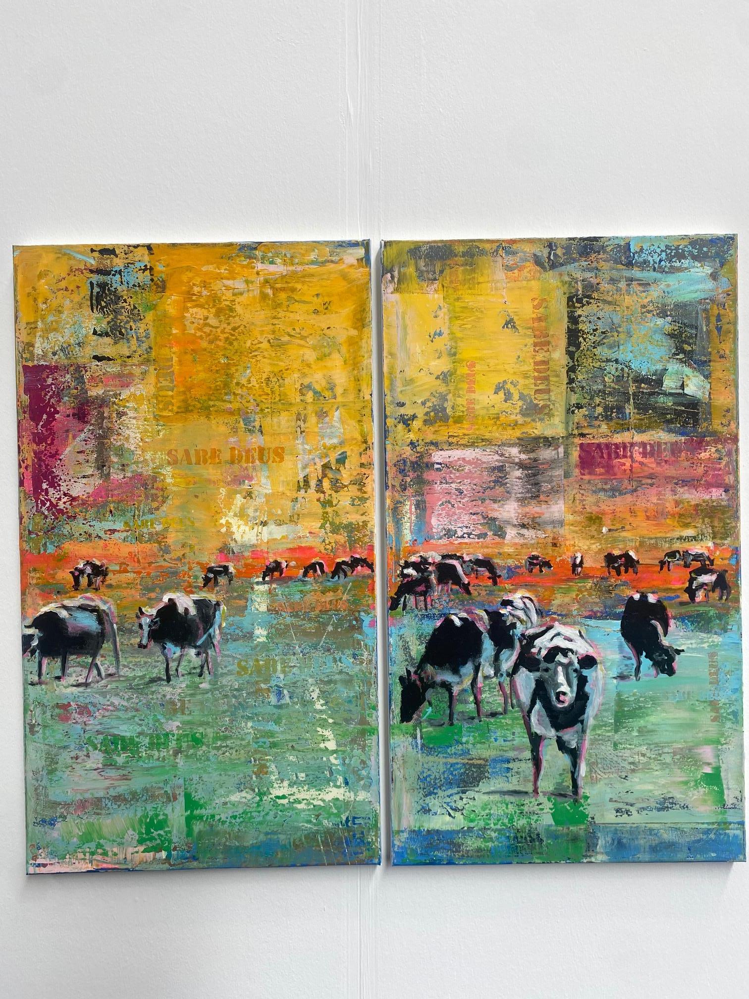 Cows Nr. 2 - Dyptich, contemporary art, cows figurative with street art elements - Contemporary Painting by Michael Pröpper