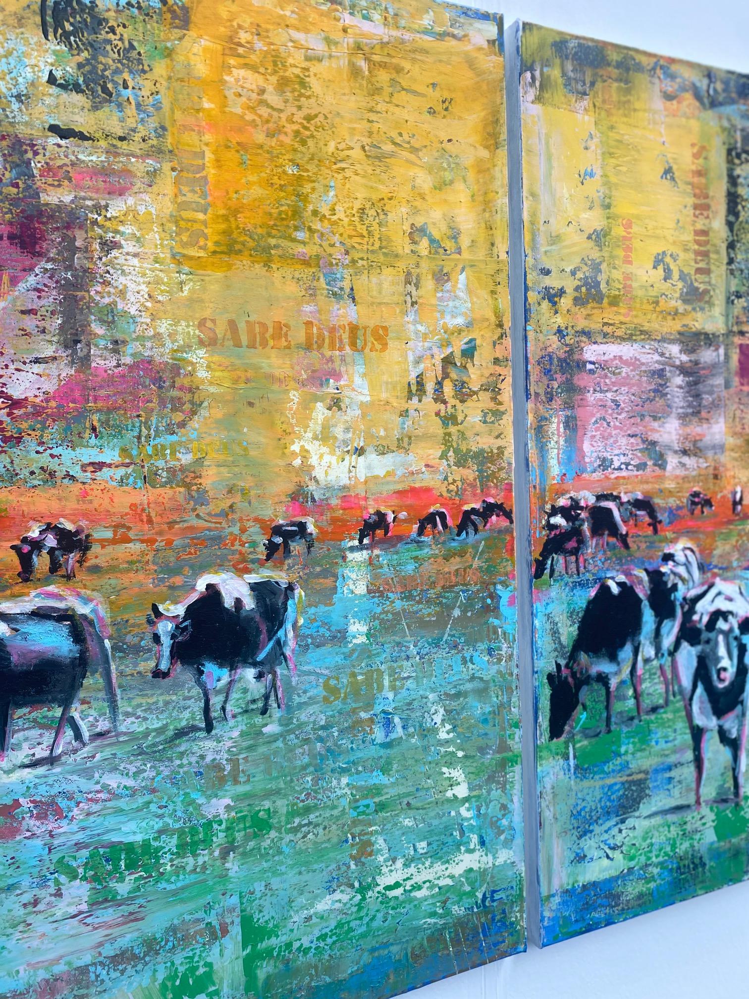 Kühe Nr. 2 - Dyptich, zeitgenössische Kunst, Kühe, figurativ mit Straßenkunst-Elementen (Beige), Figurative Painting, von Michael Pröpper