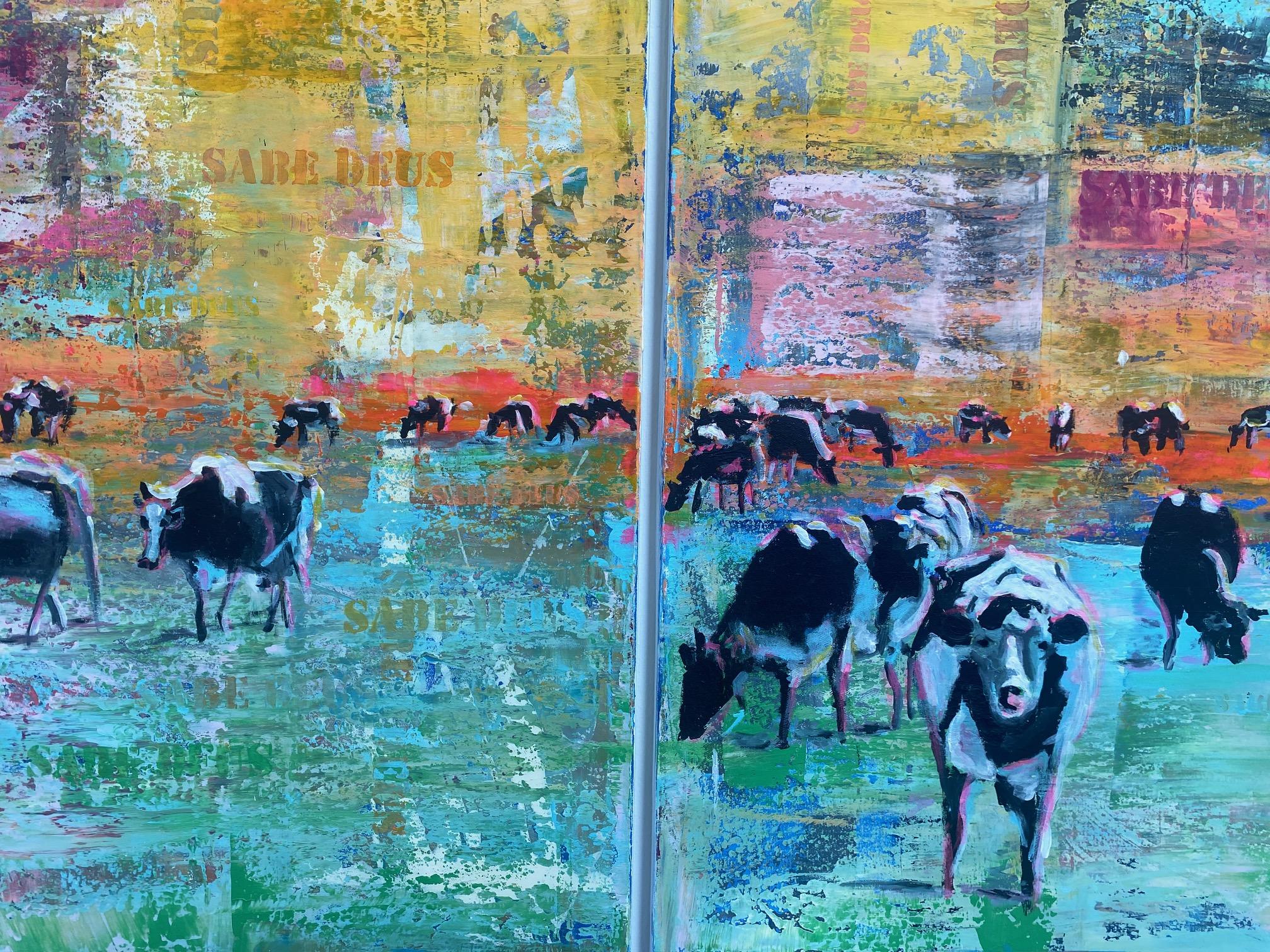 Cows Nr. 2 - Dyptich, contemporary art, cows figurative with street art elements For Sale 3