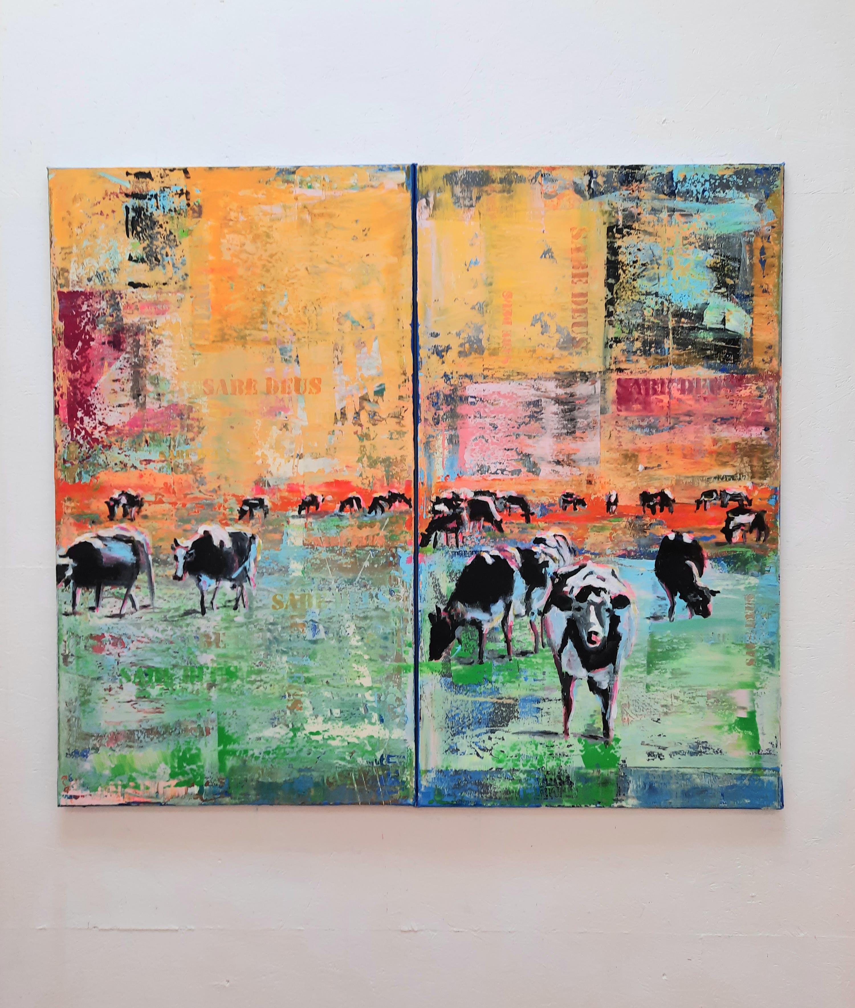 Michael Pröpper Figurative Painting - Cows Nr. 2 - Dyptich, contemporary art, cows figurative with street art elements