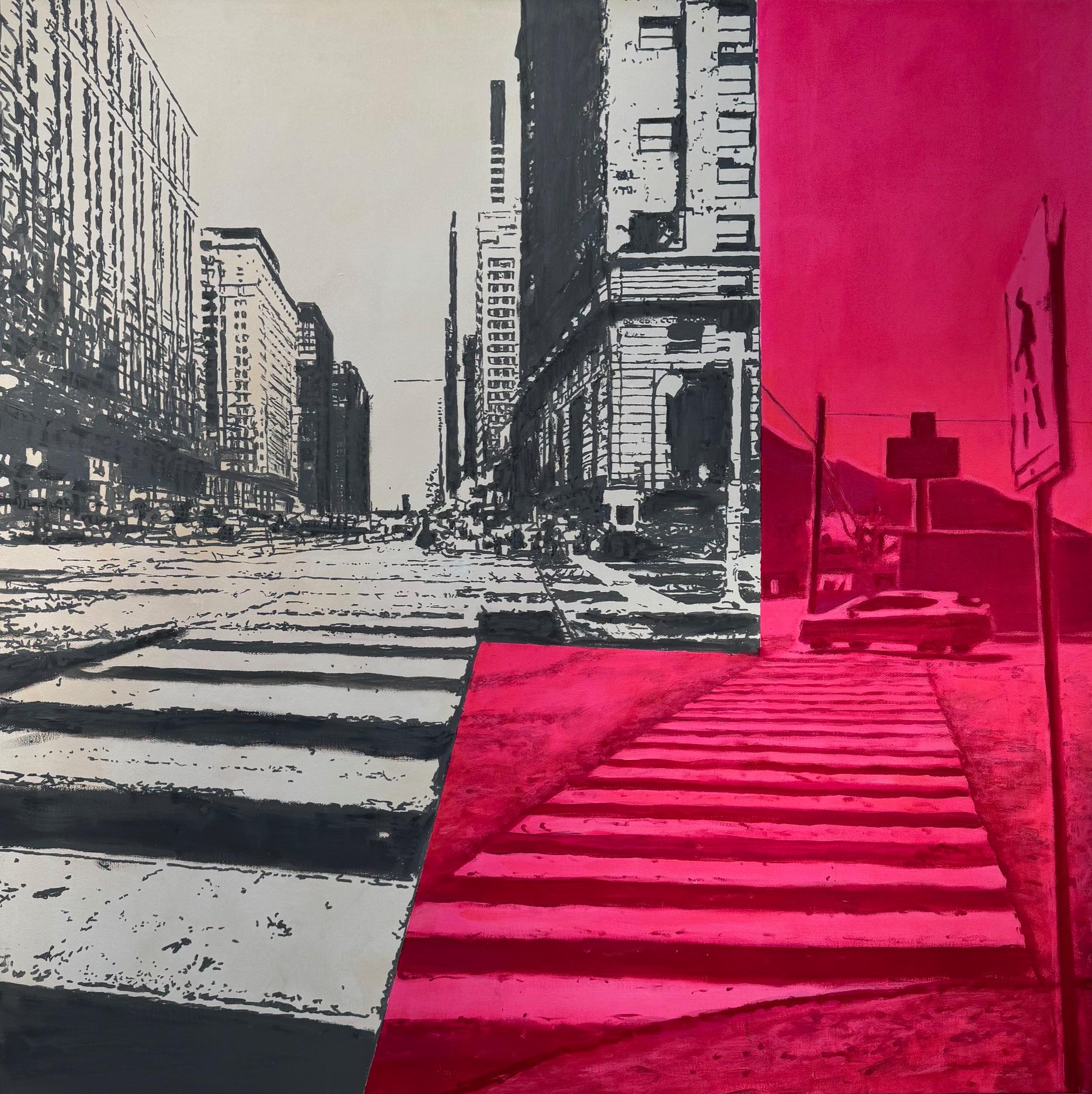 Michael Pröpper Figurative Painting - Cross Walk - figurative minimalist urban street scene Chicago black, white, red