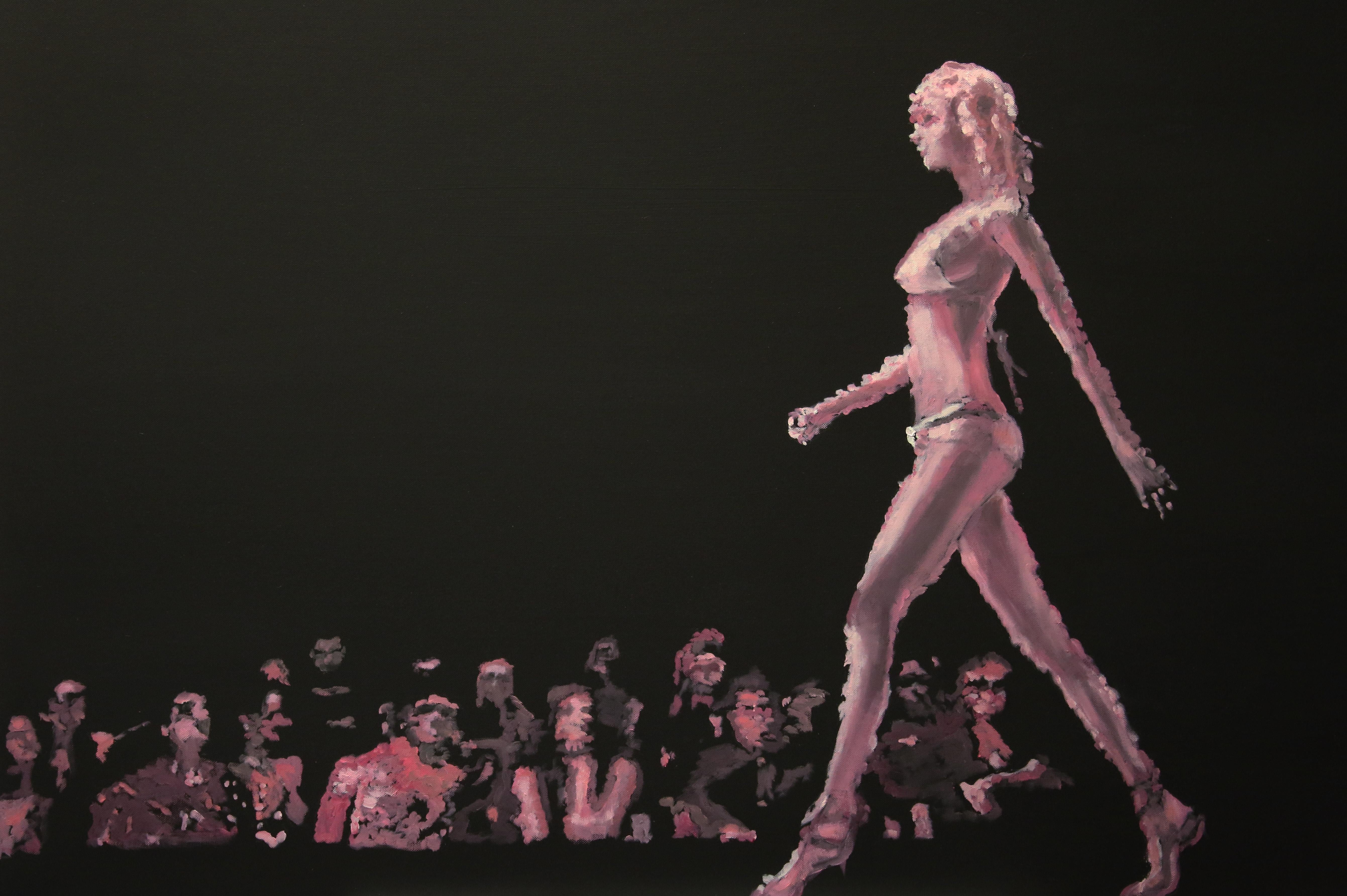 Michael Pröpper Figurative Painting – Fast Girl - zeitgenössisches figuratives Laufsteg-Gemälde in Öl auf Leinwand