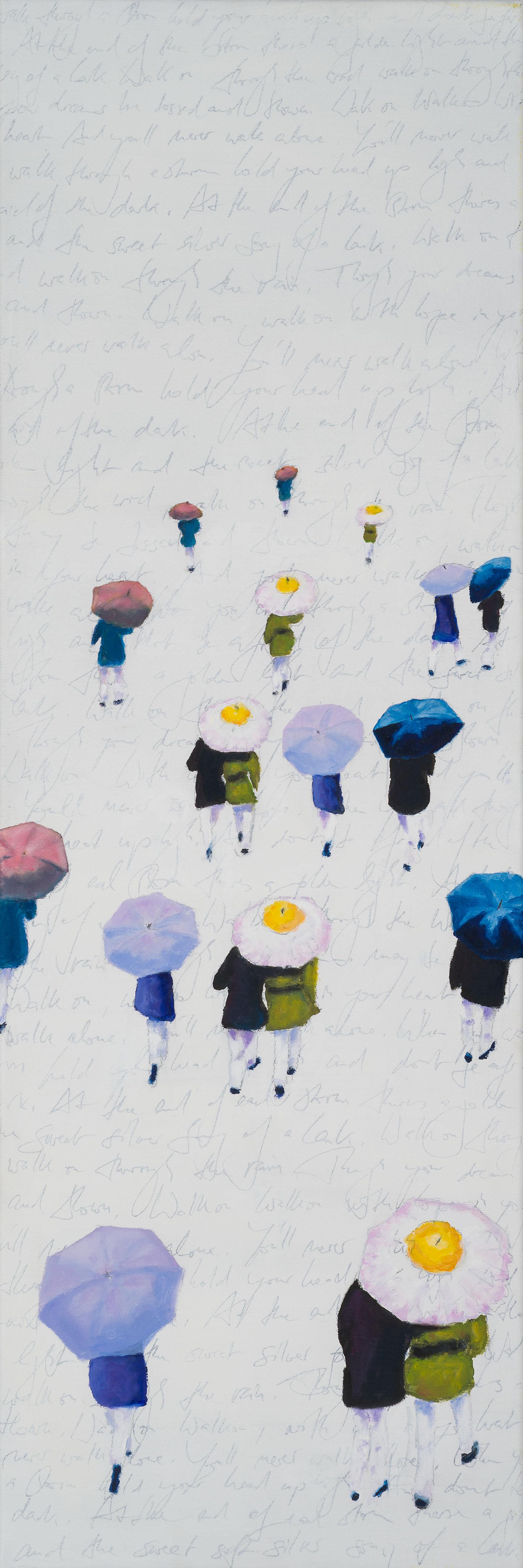 Michael Pröpper Figurative Painting - Les petits fleurs - contemporary, figurative painting people walking with flower