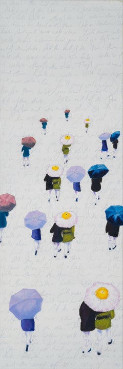 Les petits fleurs - contemporary, figurative painting people walking with flower