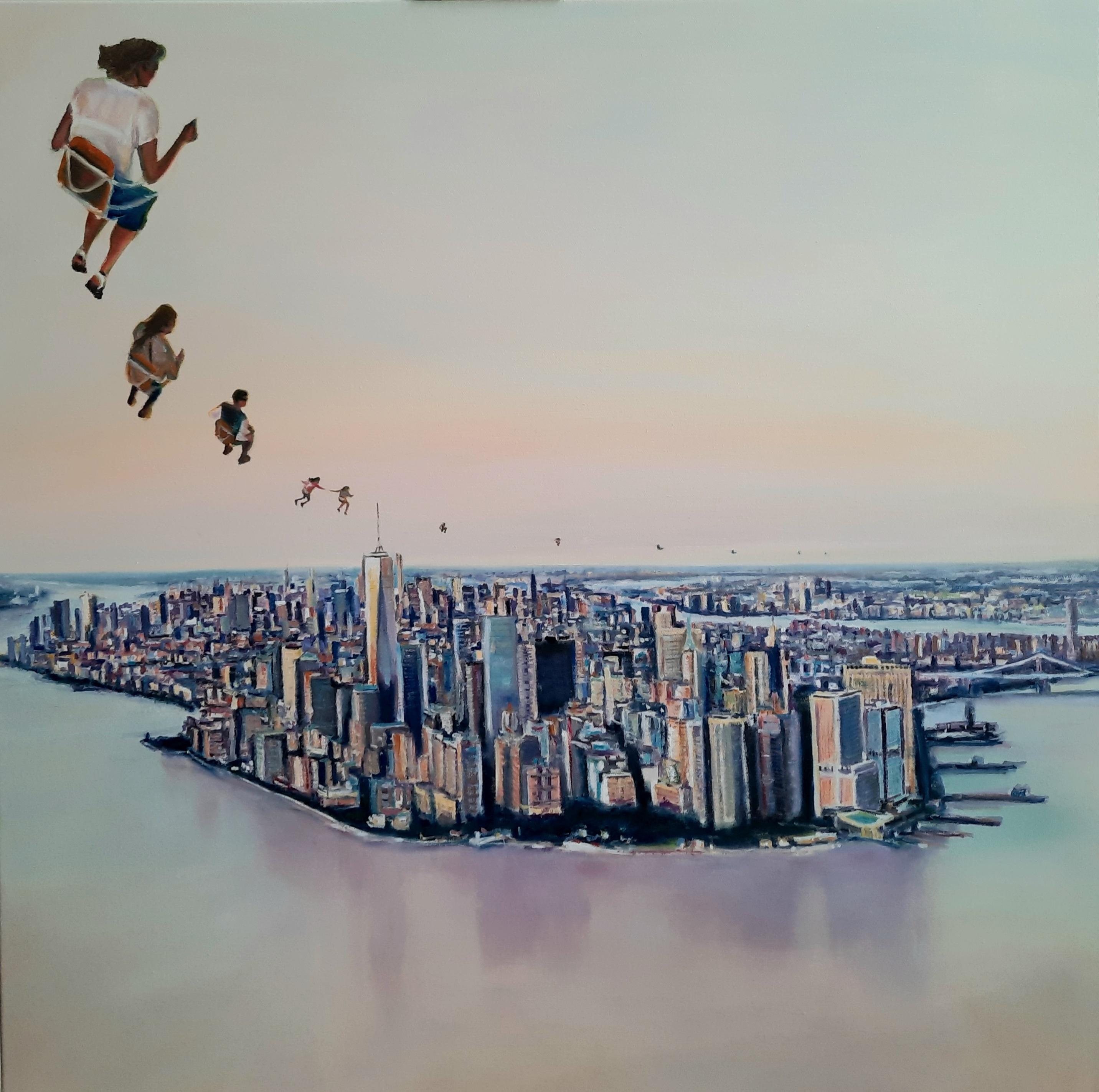 Michael Pröpper Figurative Painting - Manhattan Flight  - contemporary art aerial view of NYC urban landscape painting