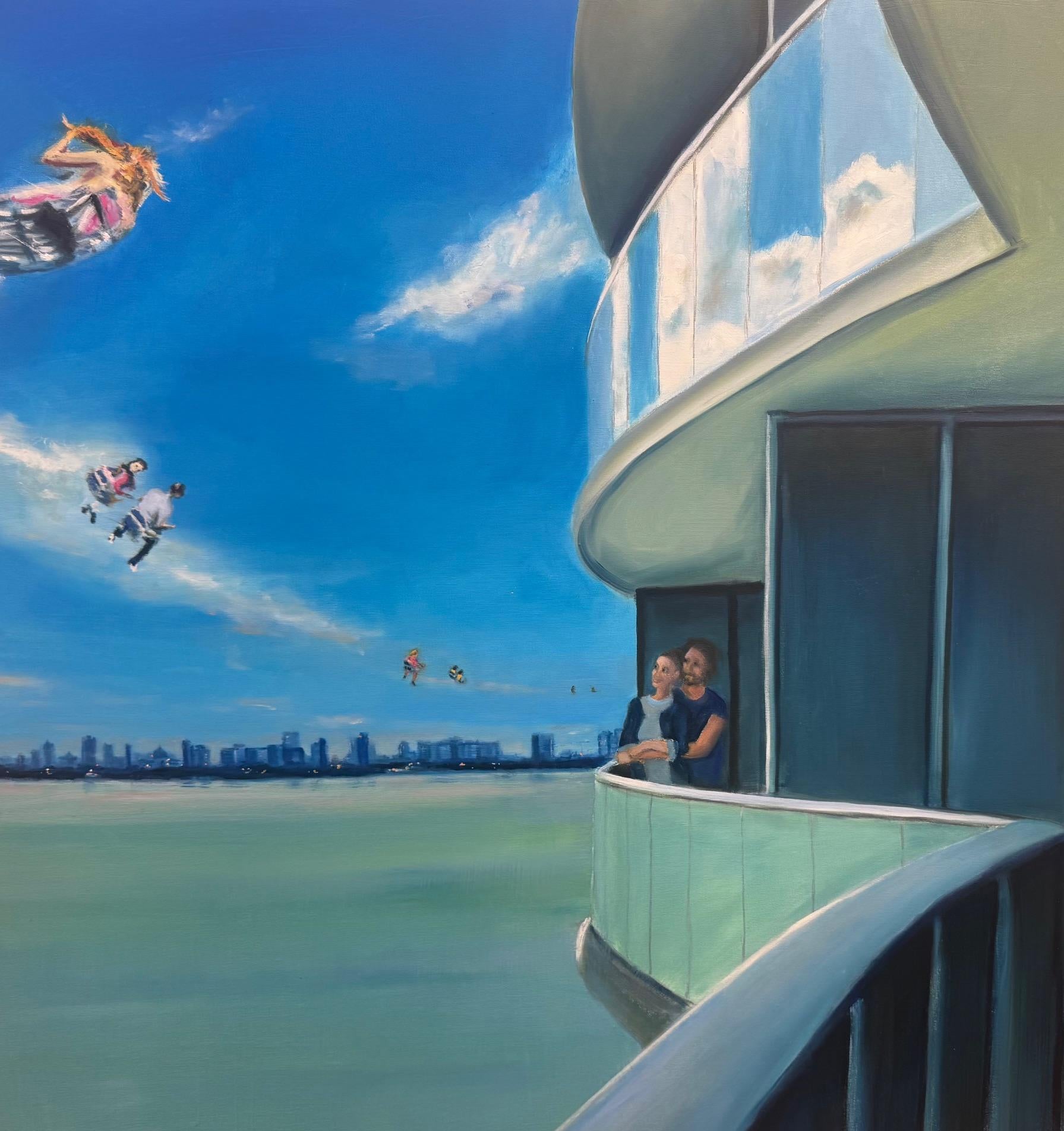 Miami Nr. 5 - contemporary figurative skyline landscape painting with ocean - Painting by Michael Pröpper