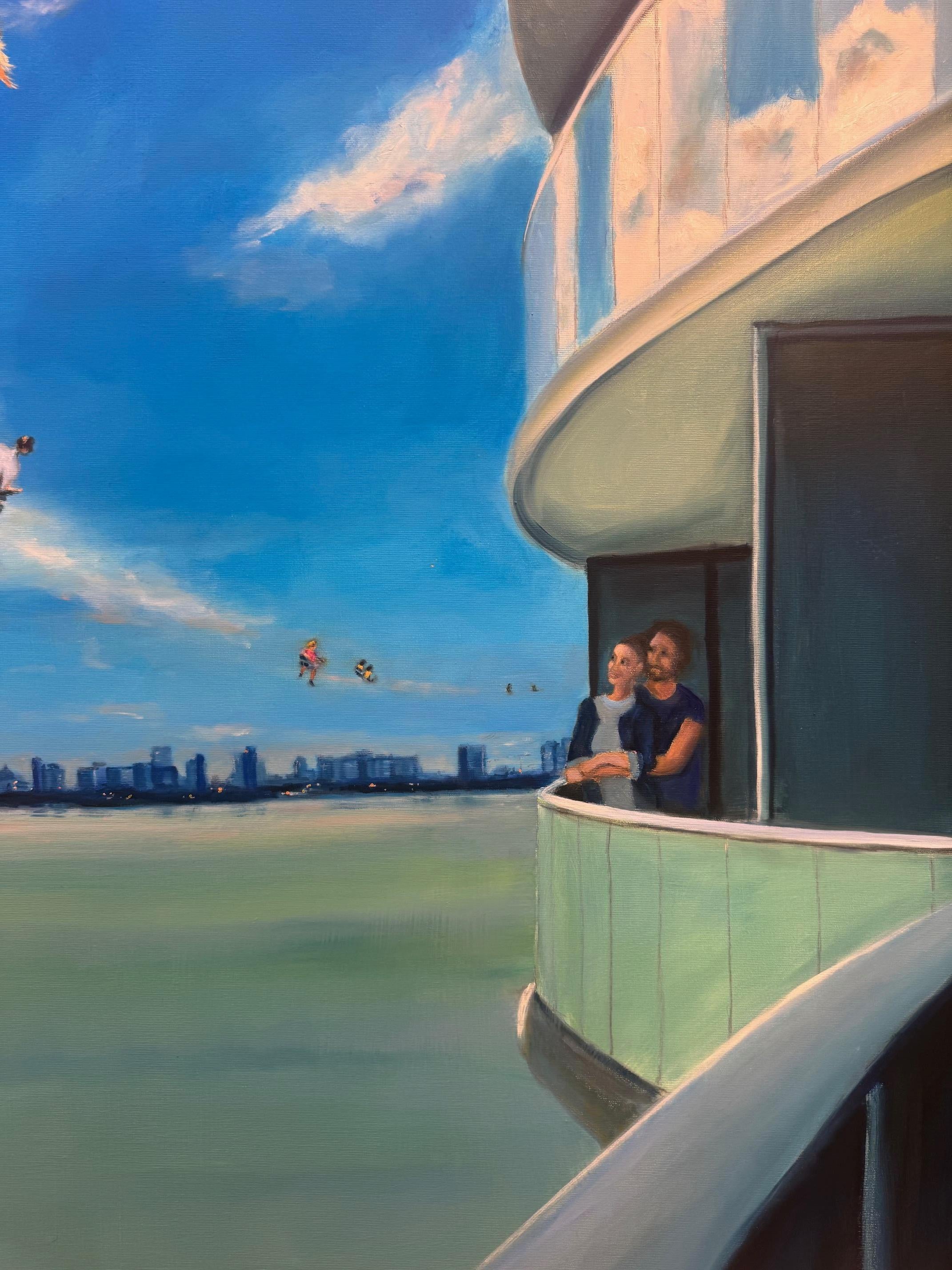 Miami Nr. 5 - contemporary figurative skyline landscape painting with ocean - Blue Figurative Painting by Michael Pröpper