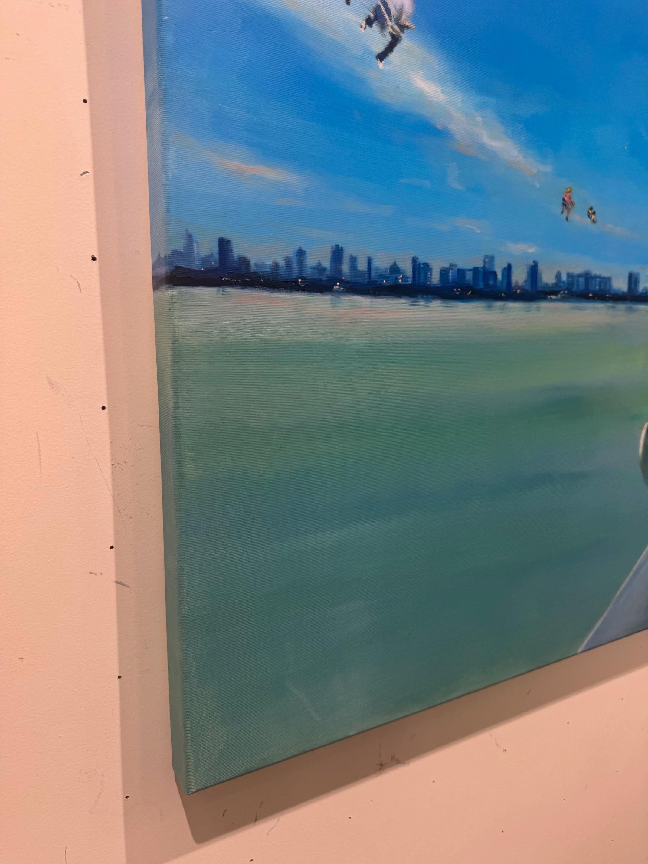 Miami Nr. 5 - contemporary figurative skyline landscape painting with ocean For Sale 1