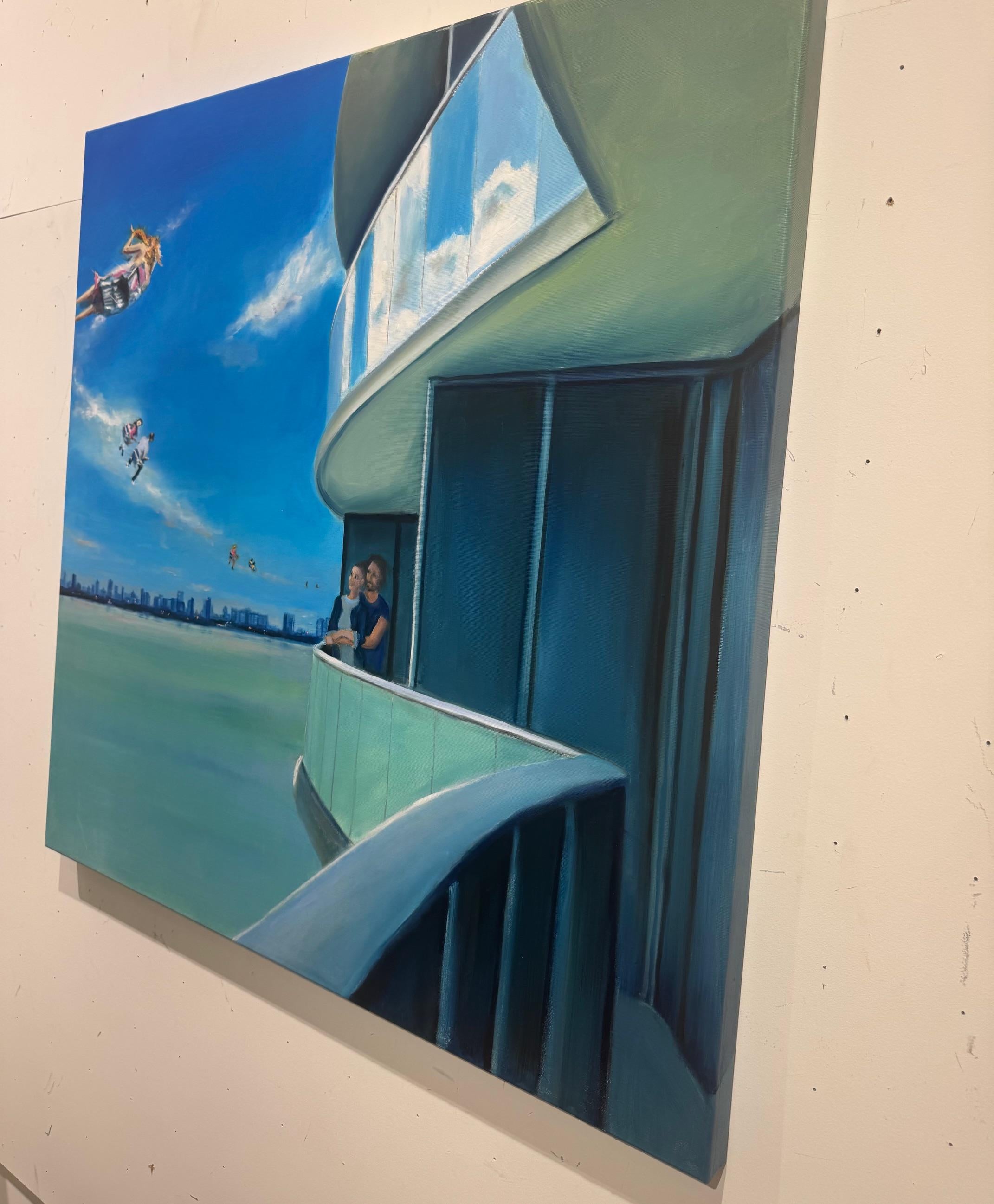 Miami Nr. 5 - contemporary figurative skyline landscape painting with ocean For Sale 4