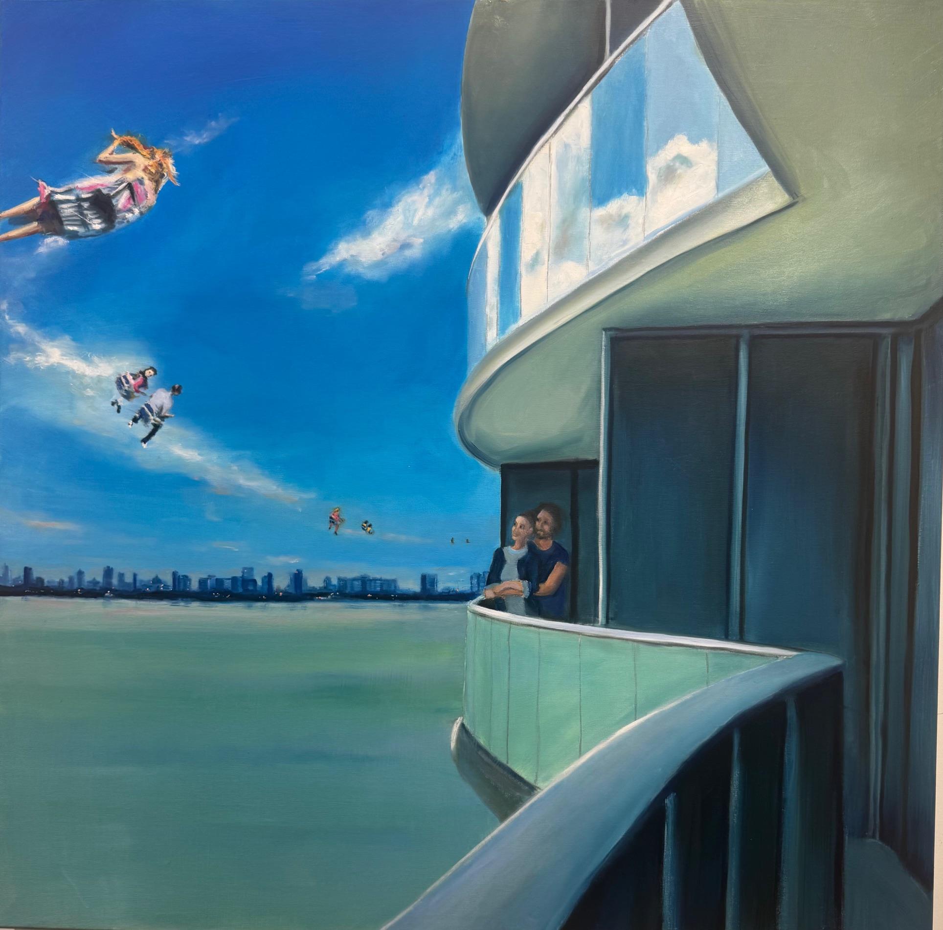 Michael Pröpper Figurative Painting - Miami Nr. 5 - contemporary figurative skyline landscape painting with ocean