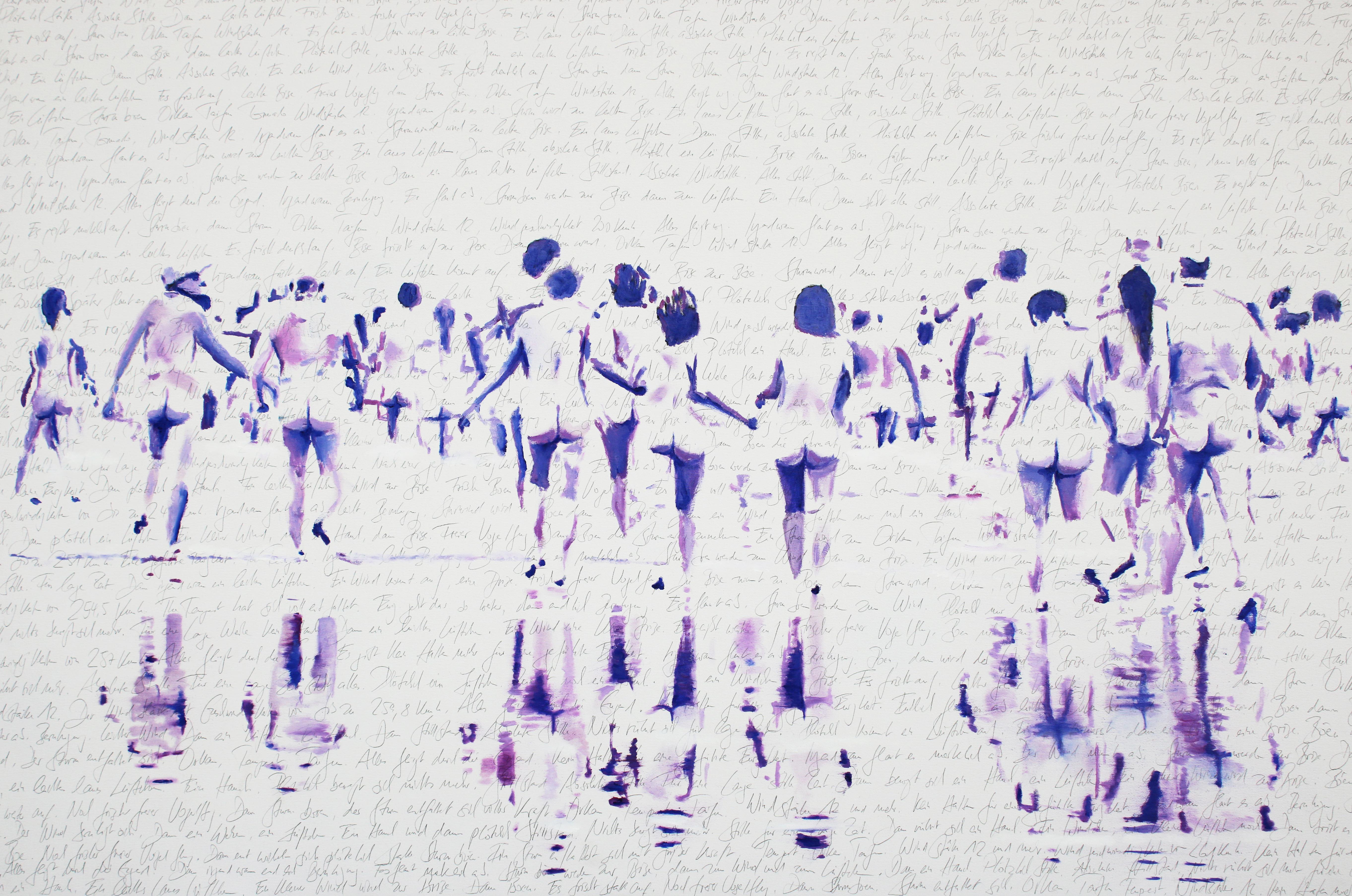 Michael Pröpper Figurative Painting - Nudité - contemporary minimalist figurative oil painting nude walkers at the sea