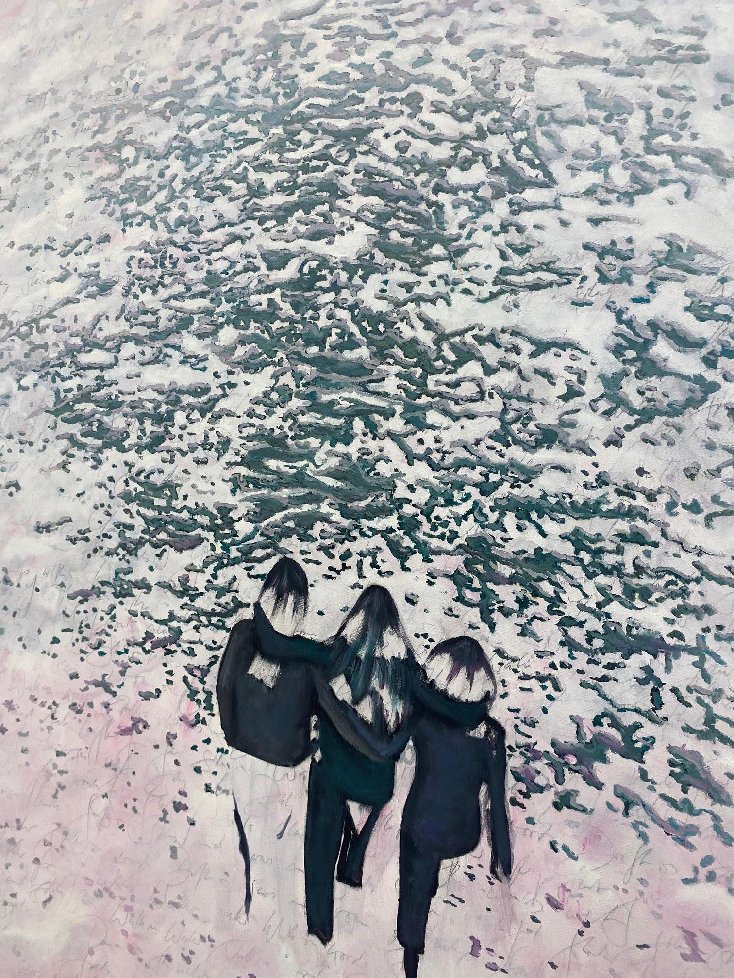 One Direction - obra de arte contemporáneo, pintura al óleo figurativa chicas caminando - Figurative Painting Gris de Michael Pröpper