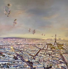 Pariser Himmel – zeitgenössische figurative Luftlandschaftsmalerei der Stadt Paris