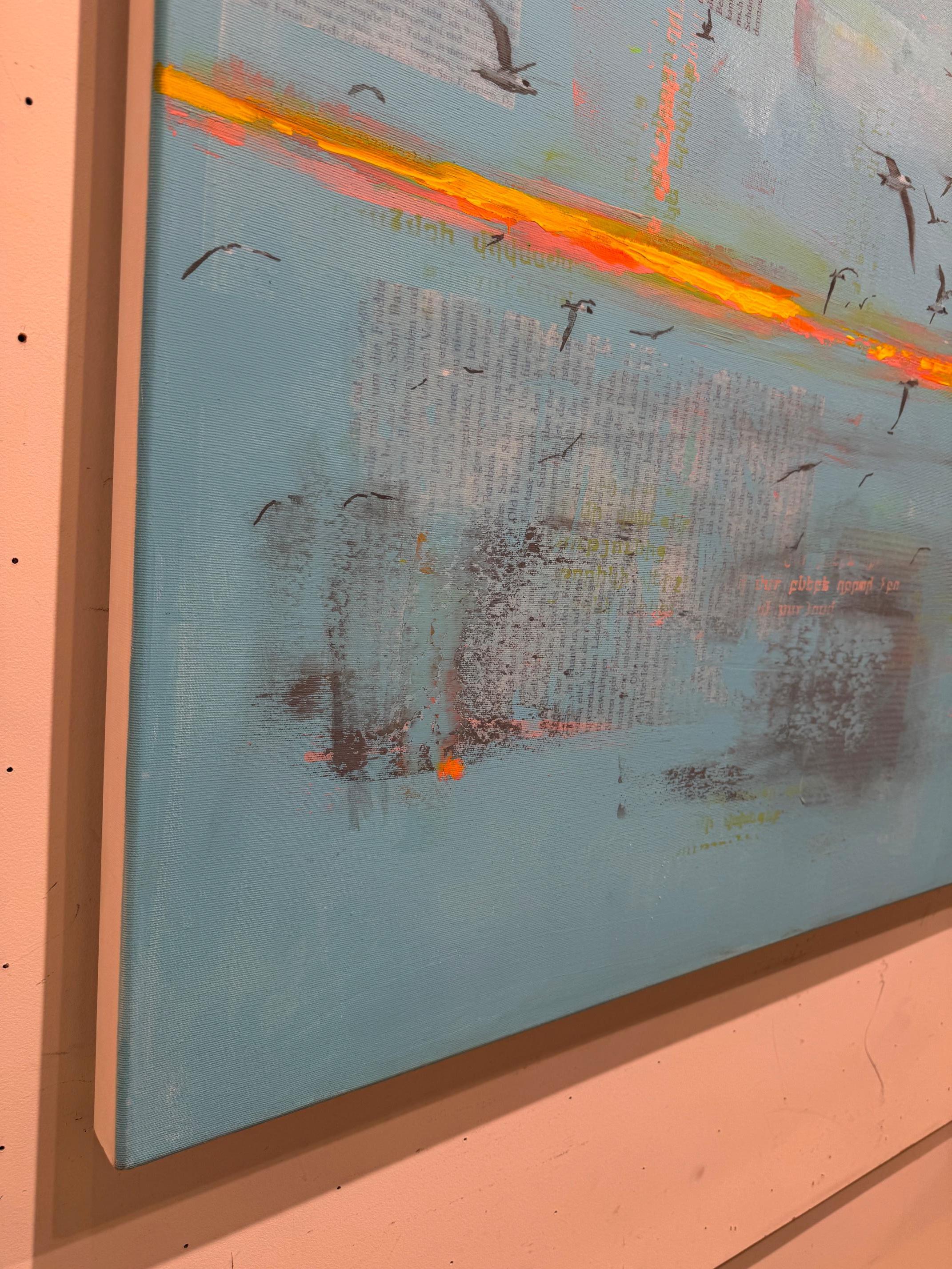 Linea elettrica n. 1  - arte astratta contemporanea linea orizzontale meditazione uccelli - Figurative Painting Blu di Michael Pröpper