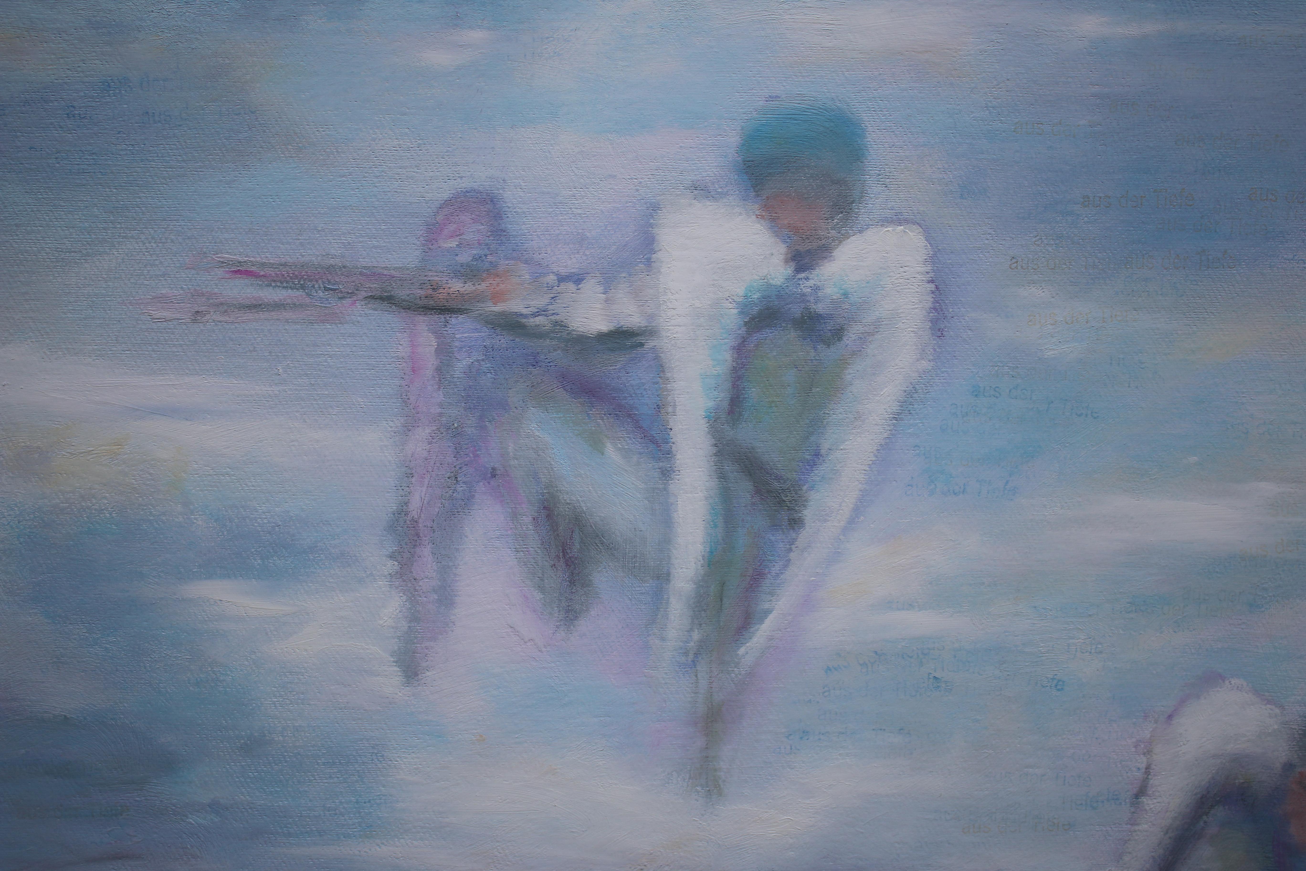 Sweet Ambivalence -contemporary figurative art work, angel-soldiers in clouds  - Painting by Michael Pröpper