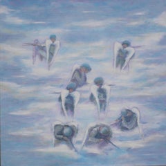 Sweet Ambivalence -contemporary figurative art work, angel-soldiers in clouds 