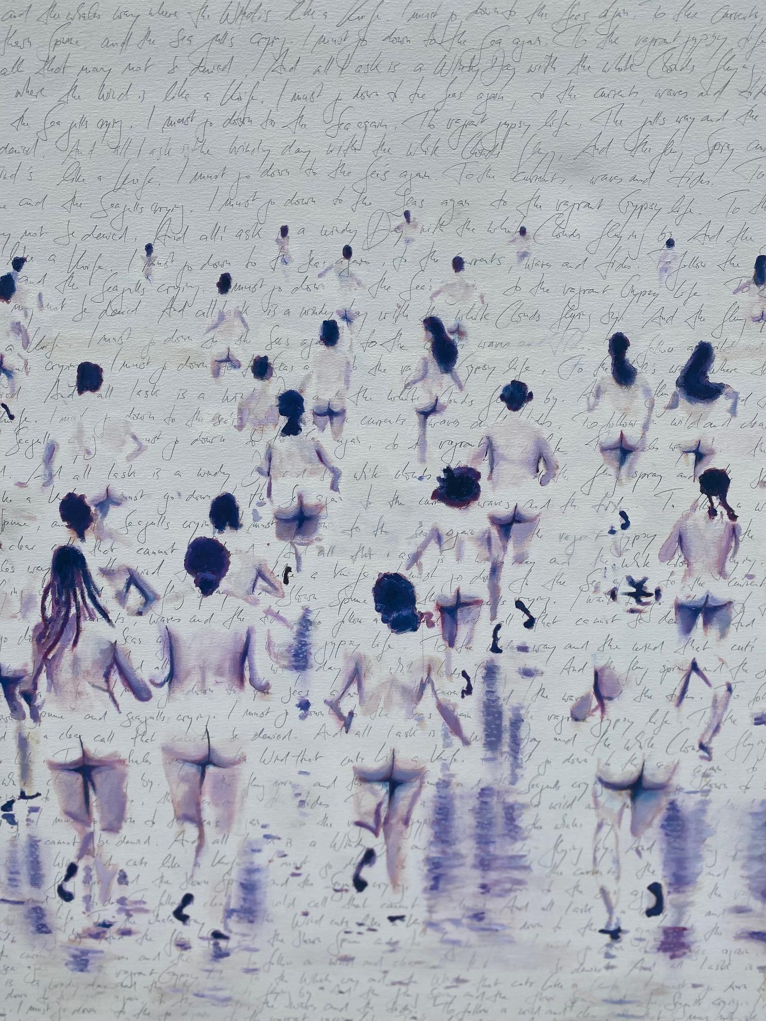 Up & Up - pittura figurativa contemporanea ad olio con nudi che fanno jogging al mare - Painting Contemporaneo di Michael Pröpper