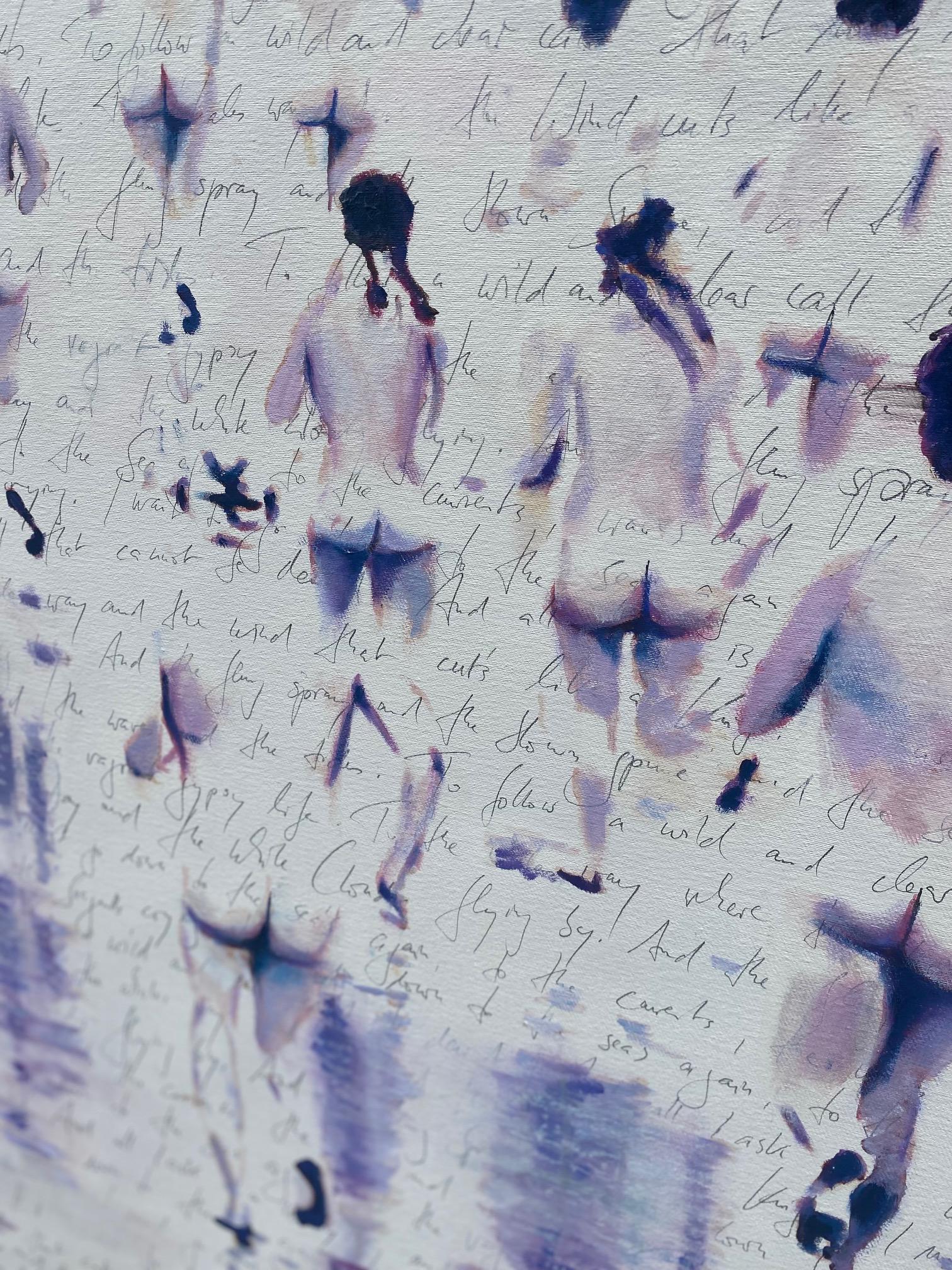 Up & Up - pittura figurativa contemporanea ad olio con nudi che fanno jogging al mare - Figurative Painting Grigio di Michael Pröpper