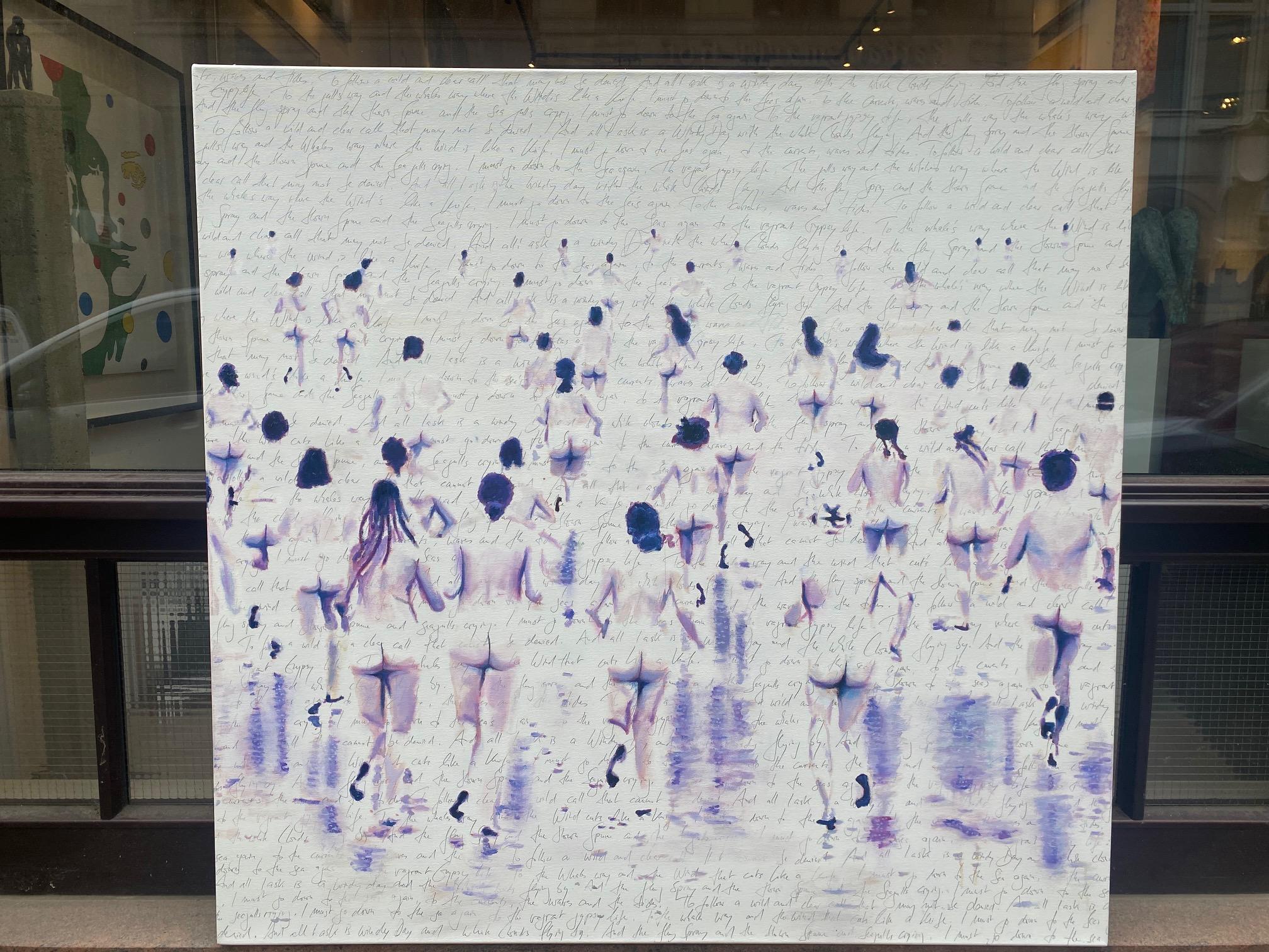 Up & Up - pittura figurativa contemporanea ad olio con nudi che fanno jogging al mare in vendita 4