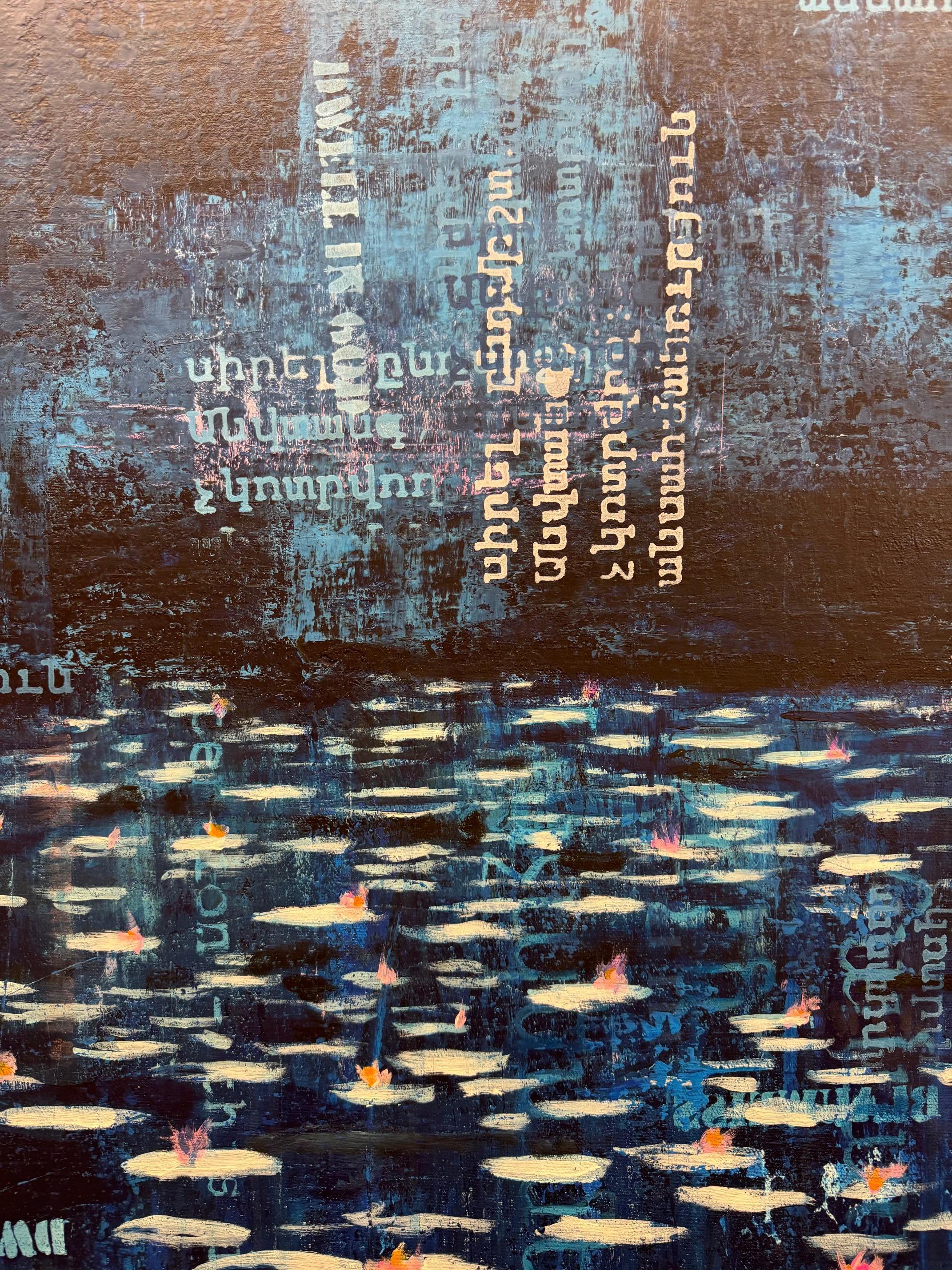 Nocturno de nenúfares  - arte contemporáneo nenúfares de noche con texto agua - Painting de Michael Pröpper
