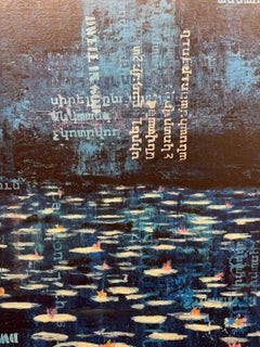 Water Lilies Nocturne  - contemporary art waterlilies at night with text water
