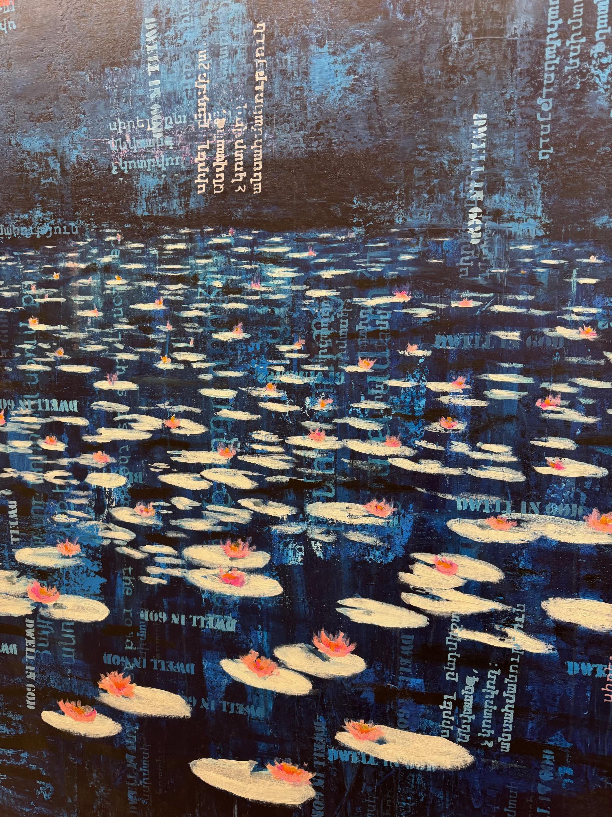 Nocturno de nenúfares  - arte contemporáneo nenúfares de noche con texto agua - Painting Contemporáneo de Michael Pröpper