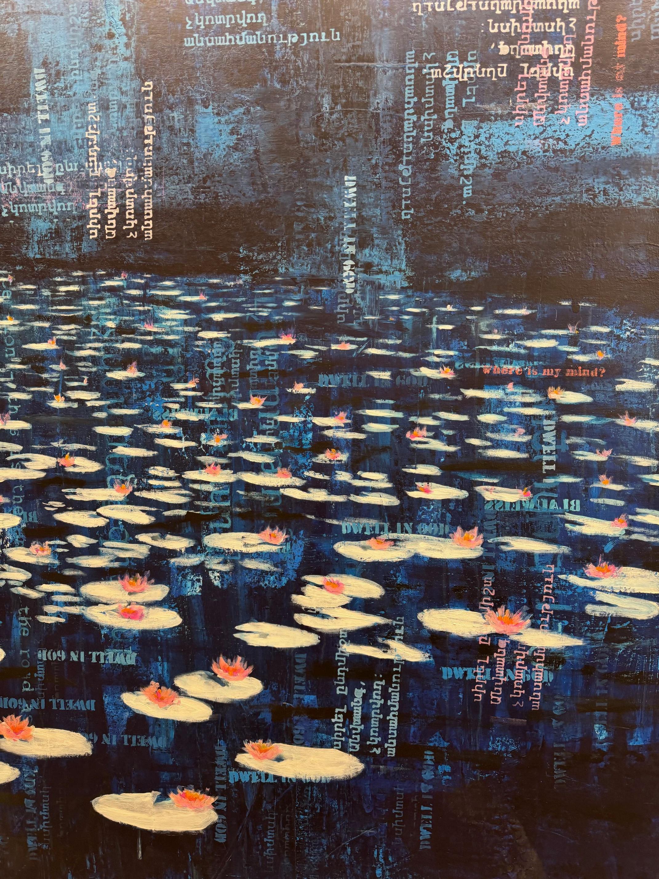 Nocturno de nenúfares  - arte contemporáneo nenúfares de noche con texto agua - Figurative Painting Púrpura de Michael Pröpper