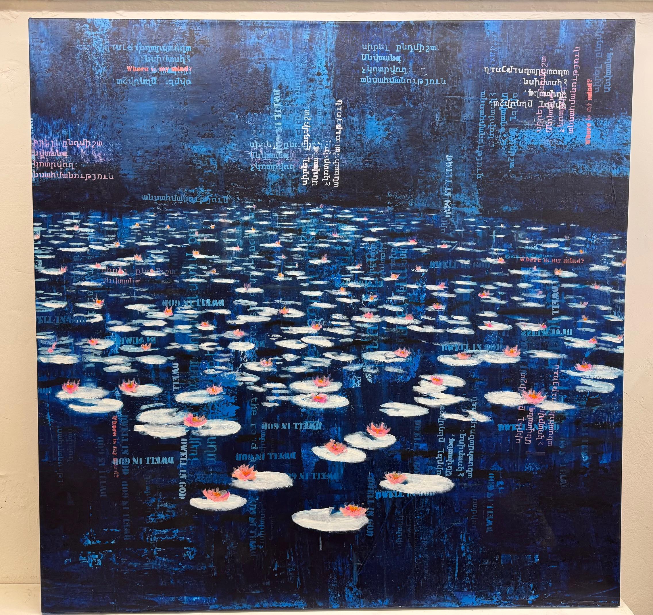 Nocturno de nenúfares  - arte contemporáneo nenúfares de noche con texto agua en venta 1
