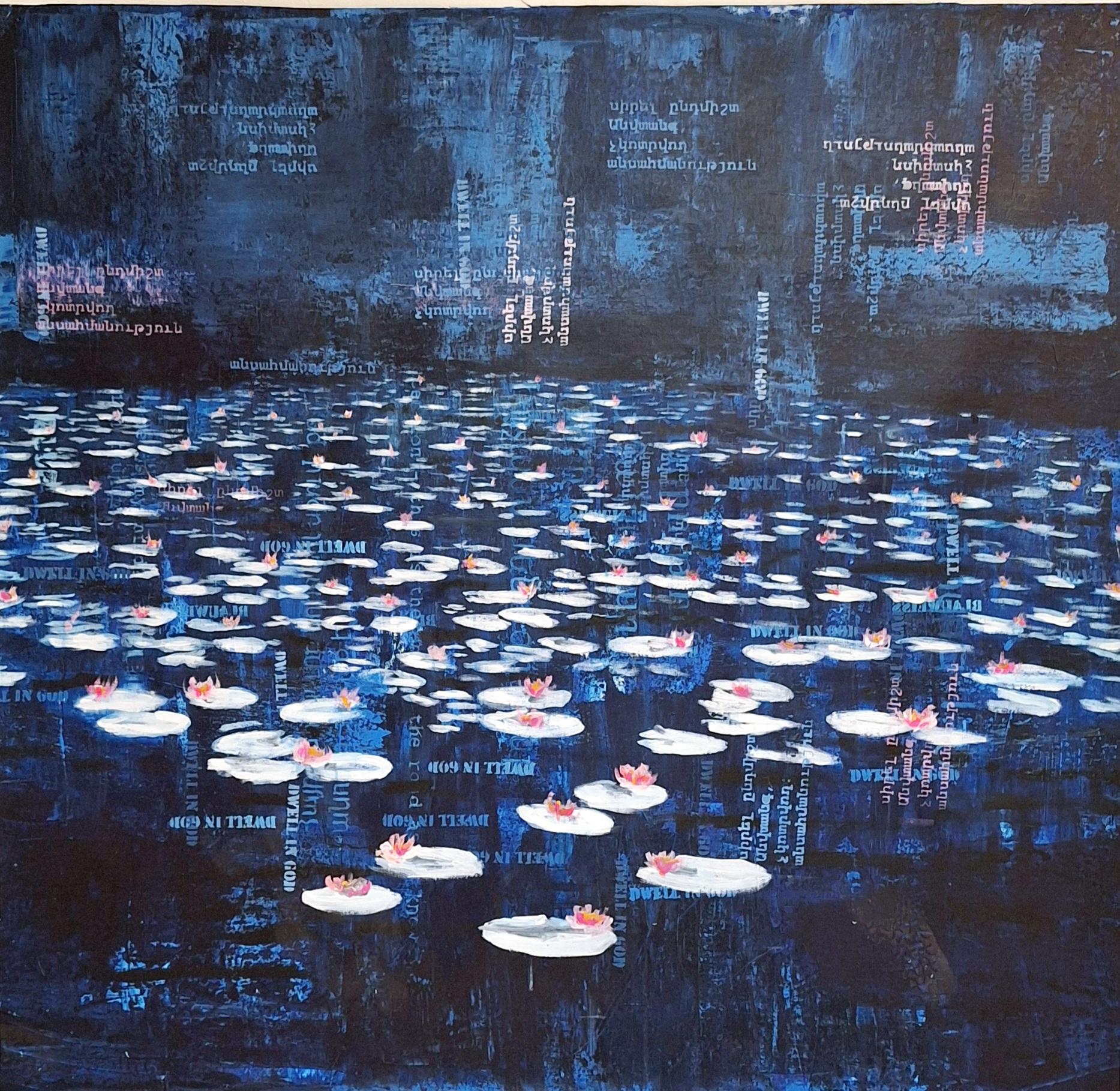 Figurative Painting de Michael Pröpper - Nocturno de nenúfares  - arte contemporáneo nenúfares de noche con texto agua