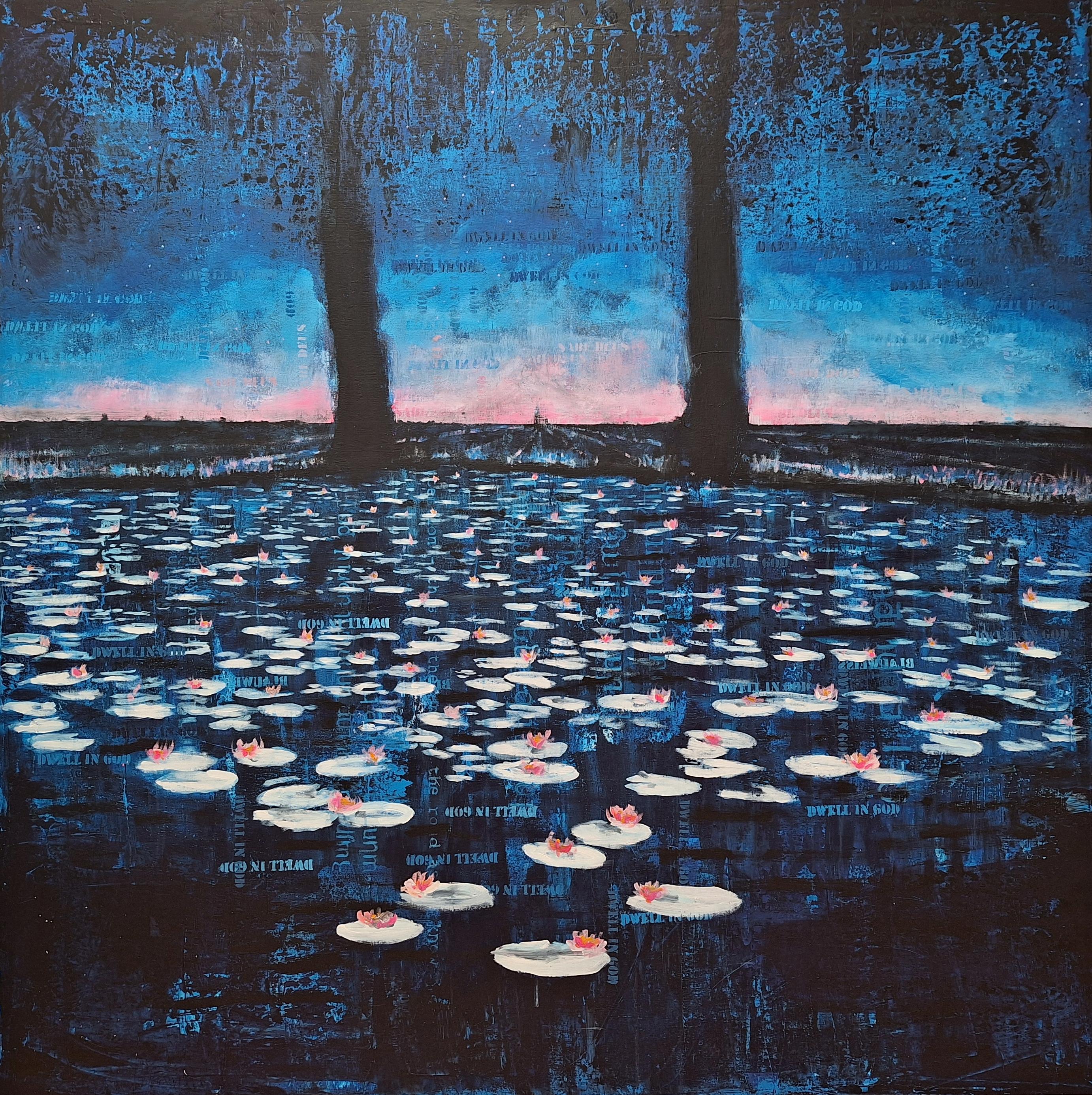 Michael Pröpper Figurative Painting - Waterlilies - contemporary water and flower scene, vibrant landscape painting 
