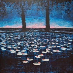 Waterlilies - contemporary water and flower scene, vibrant landscape painting 