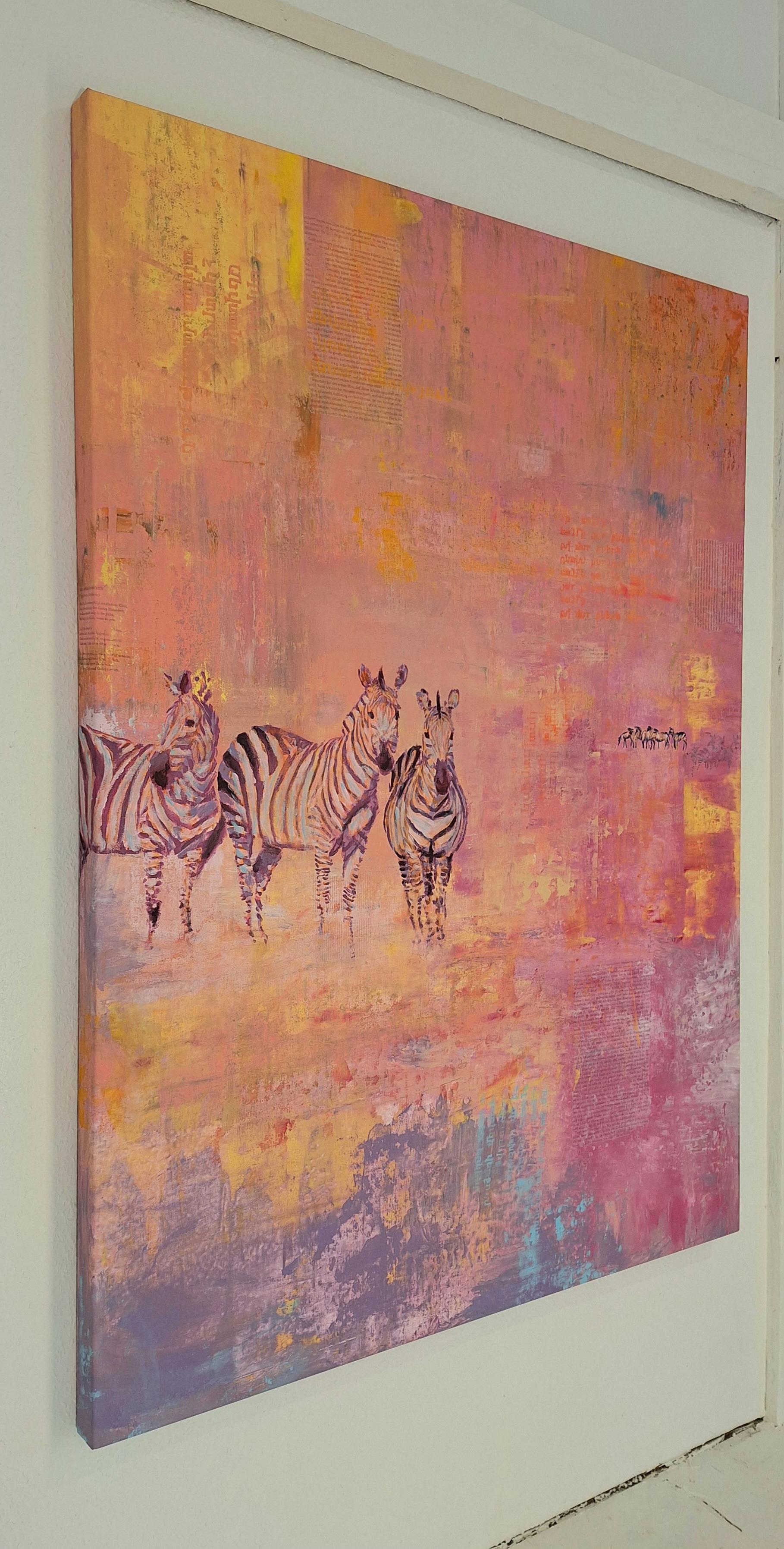 Zebras in Bright Color Light  - walking zebras in layers of color figurative - Painting by Michael Pröpper