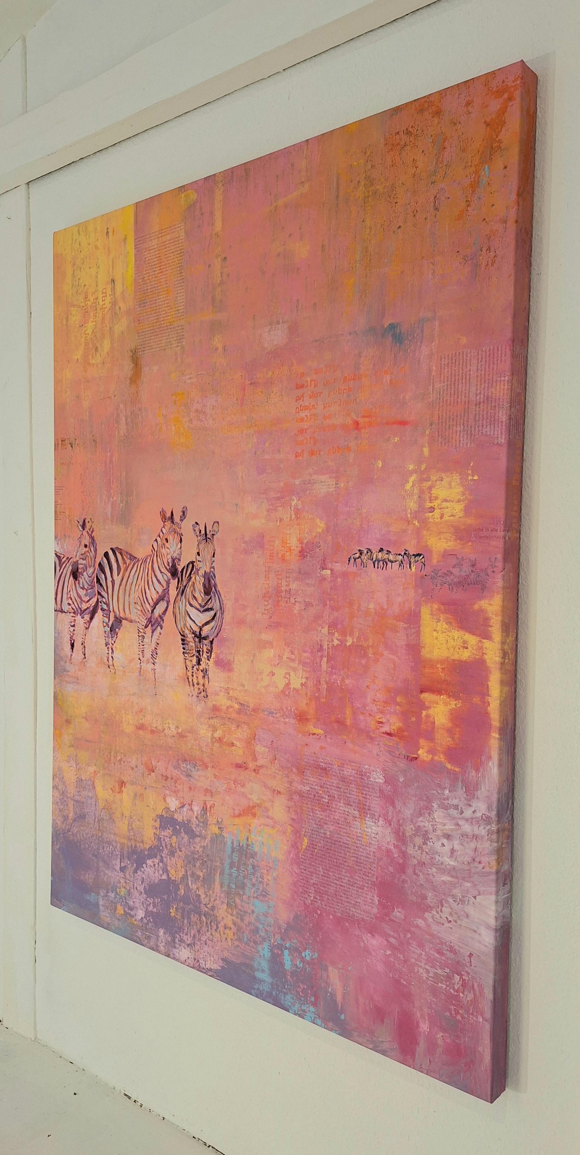 Zebras in Bright Color Light  - walking zebras in layers of color figurative - Contemporary Painting by Michael Pröpper
