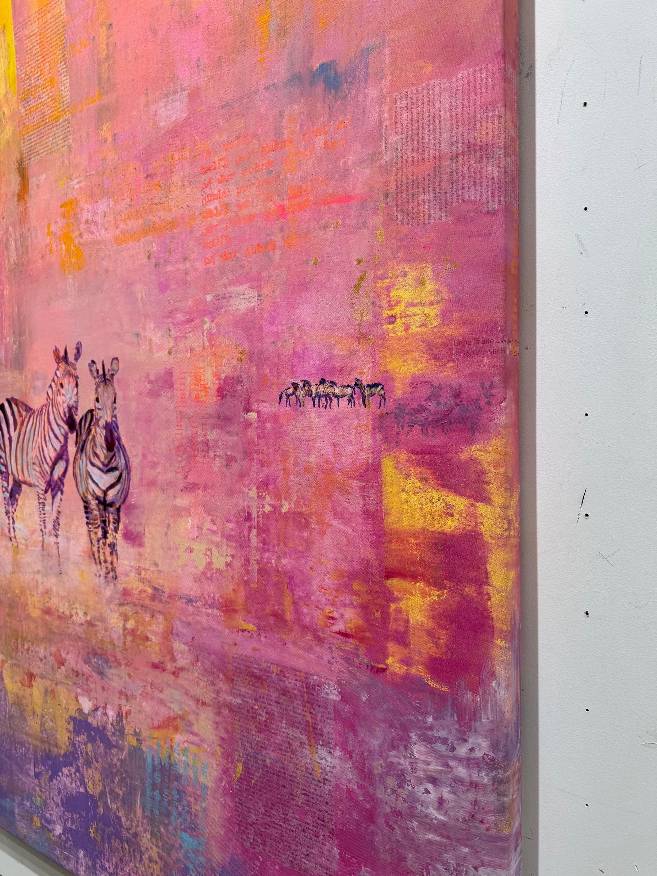 Zebras in Bright Color Light  - walking zebras in layers of color figurative For Sale 1
