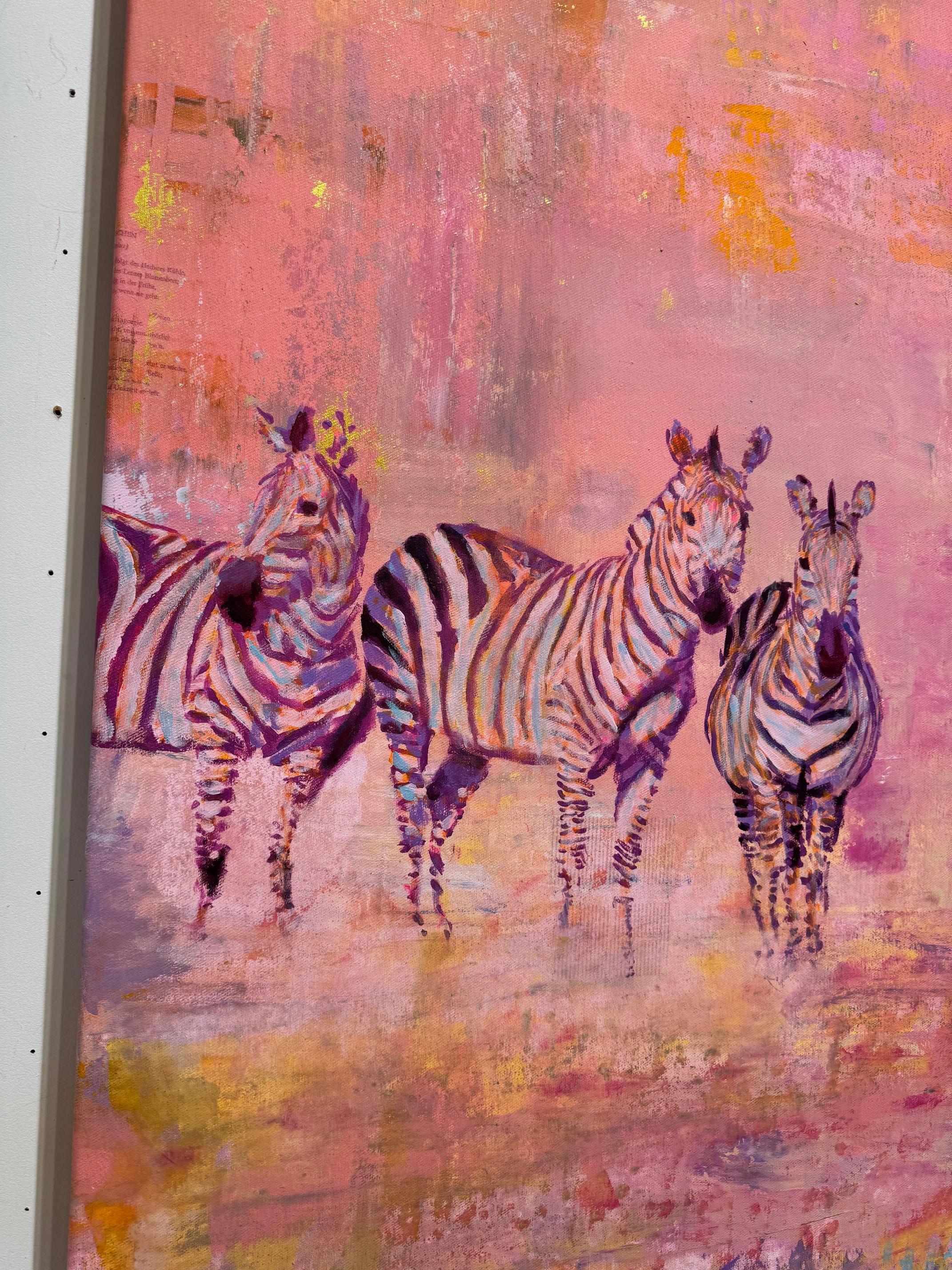 Zebras in Bright Color Light  - walking zebras in layers of color figurative For Sale 2
