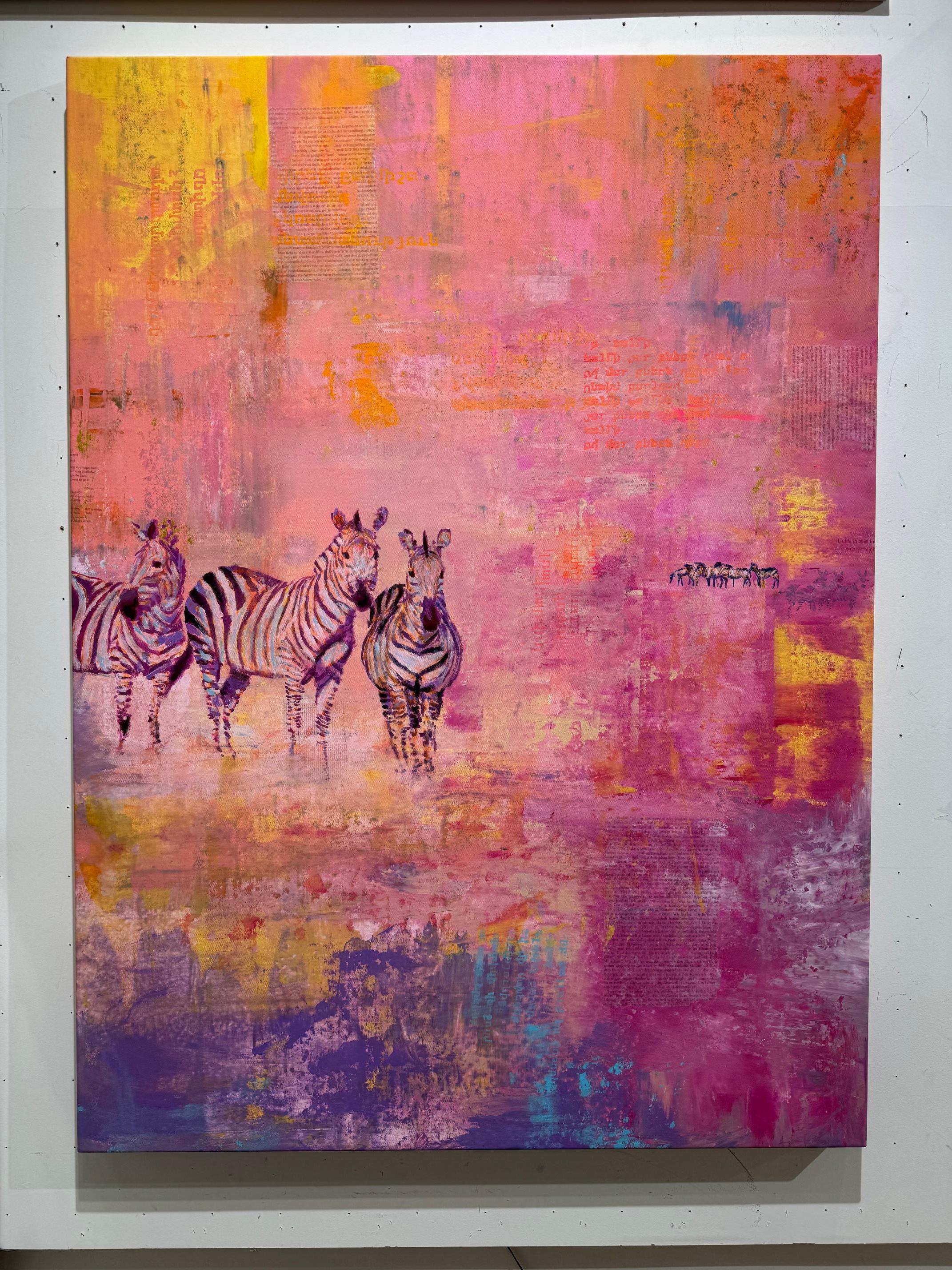 Zebras in Bright Color Light  - walking zebras in layers of color figurative For Sale 3