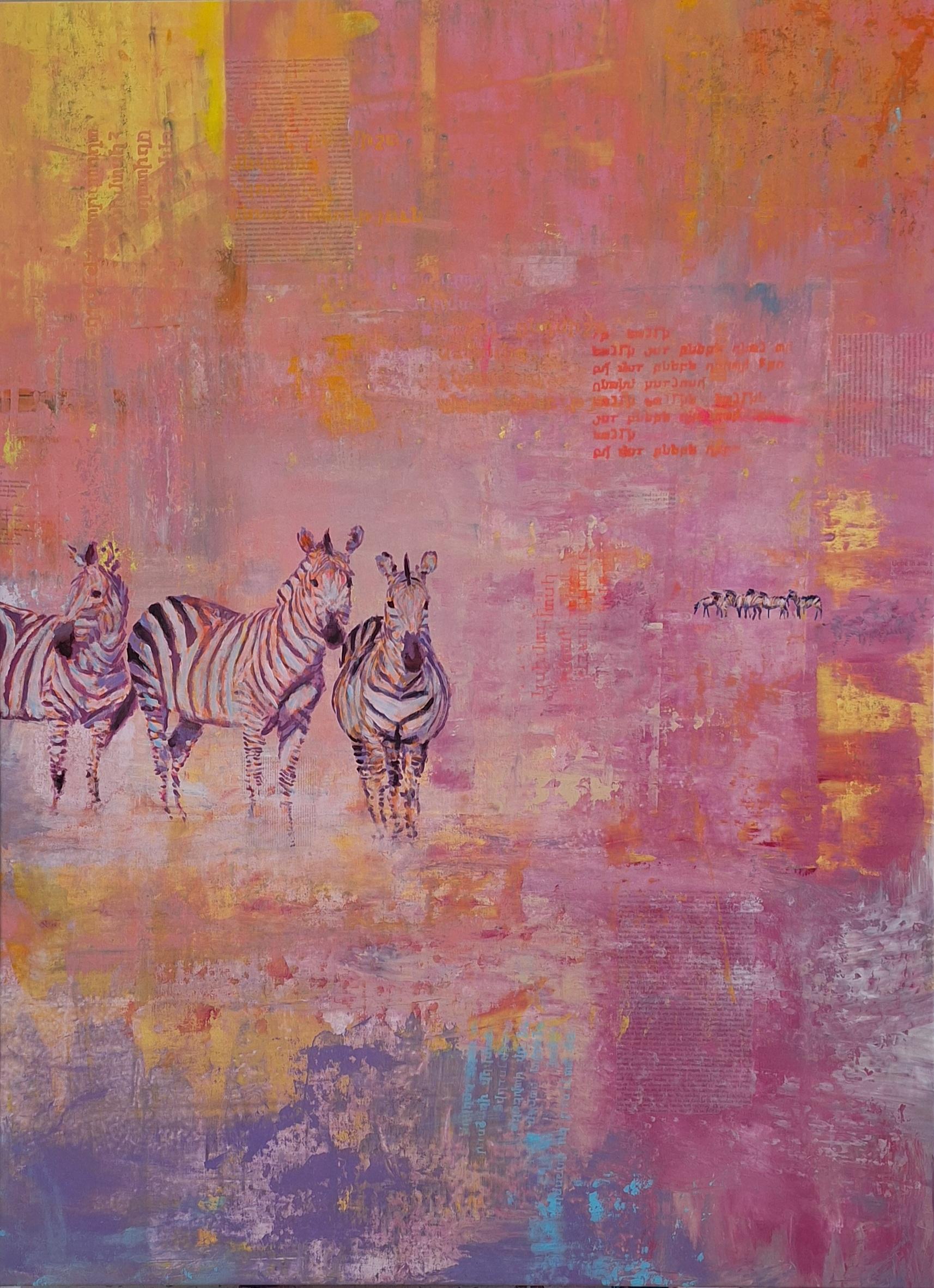 Michael Pröpper Figurative Painting - Zebras in Bright Color Light  - walking zebras in layers of color figurative