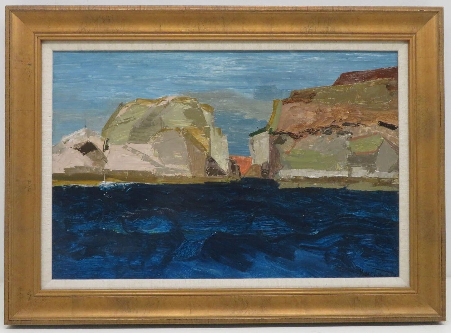 ARTIST: Michael Pullee NEAC (1936-2021) British 
TITLE:  "Burgh Island Devon"
SIGNED: lower right 
MEDIUM: oil on board
SIZE: 55cm x 40cm inc frame 
CONDITION: excellent 
DETAIL: He was elected a member of the New English Art Club in 1978, following