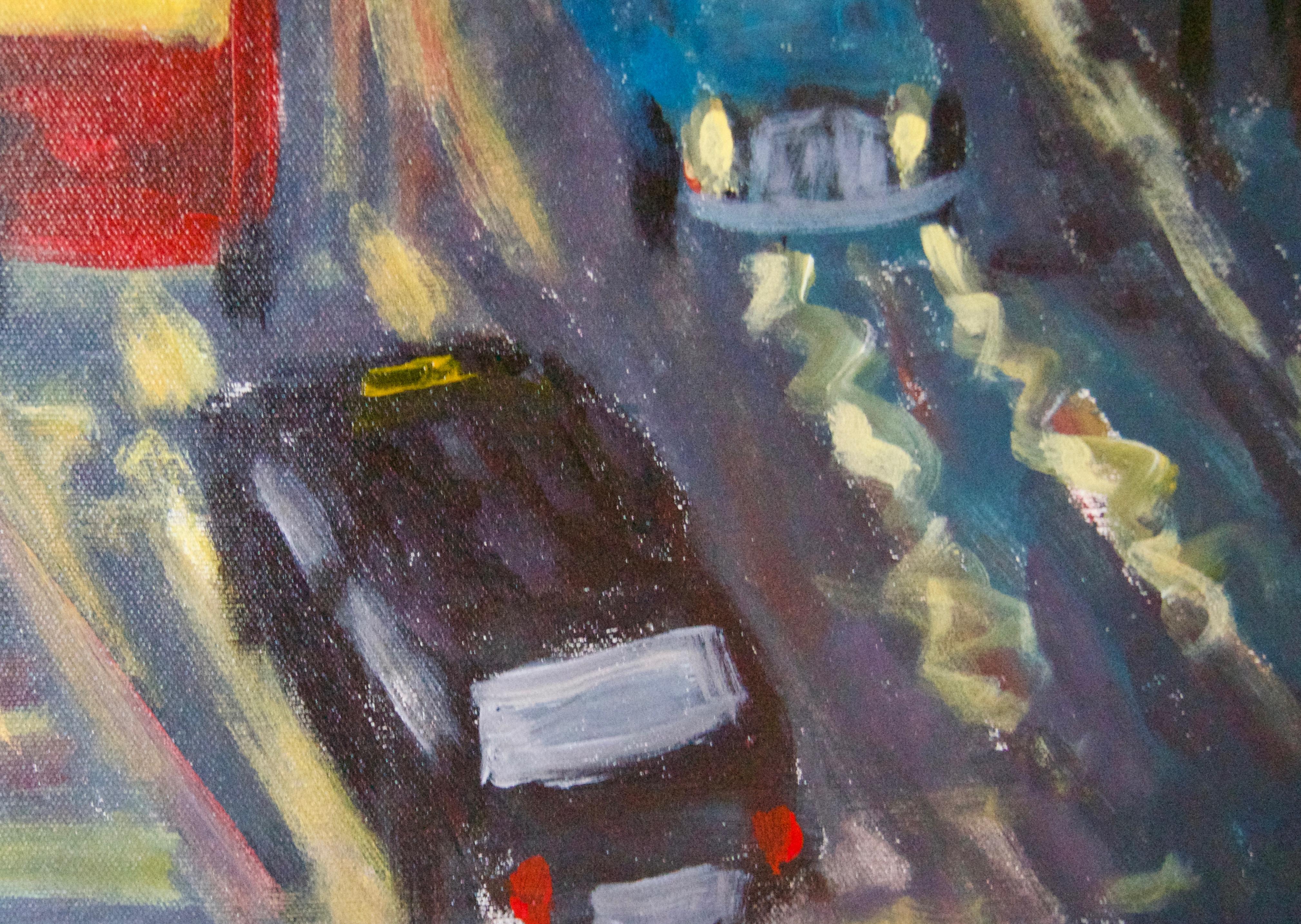 Evening Embankment - Pieza acrílica impresionista de Londres de finales del siglo XX - Landscape Painting Negro de Michael Quirke