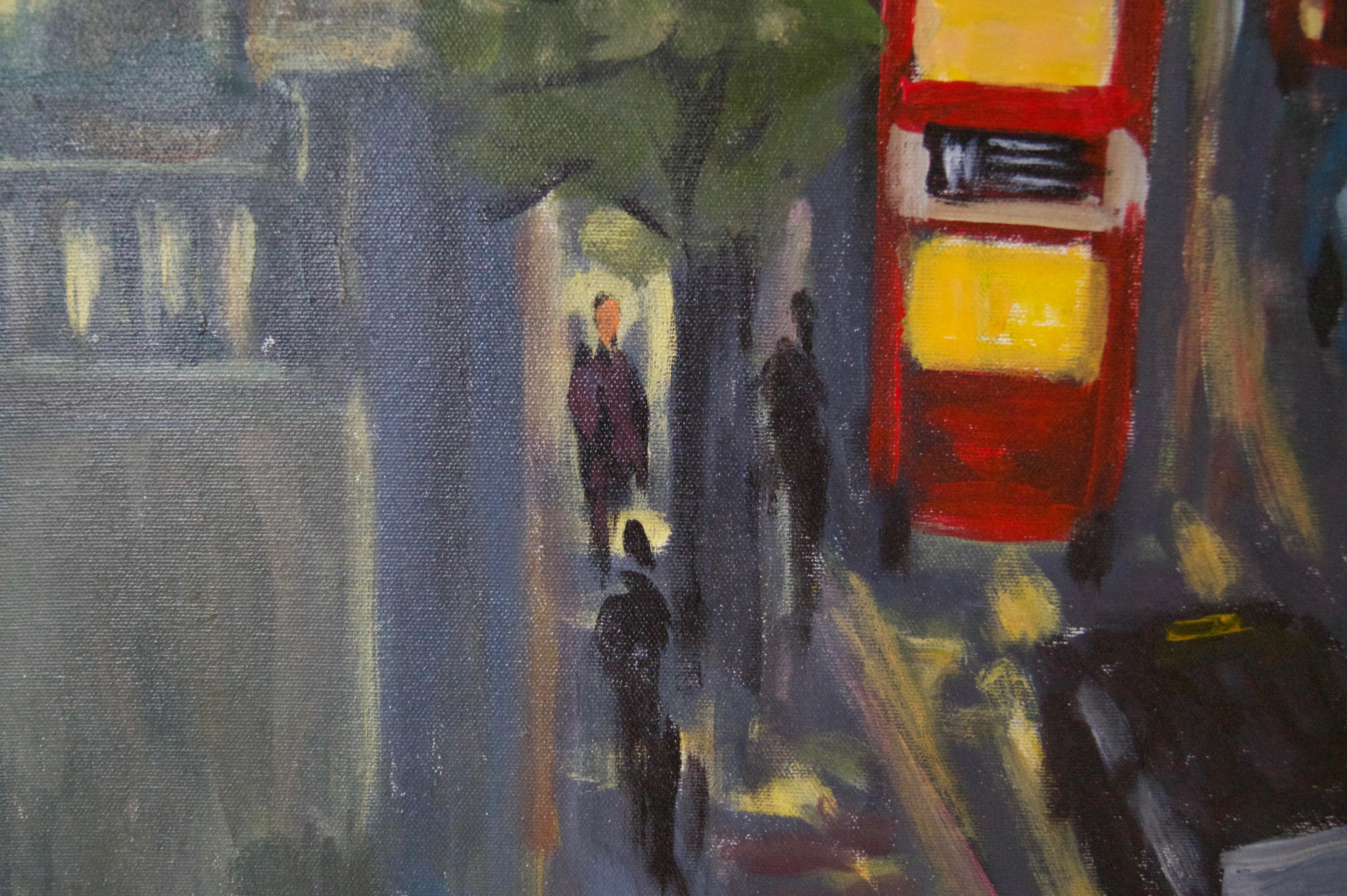 Evening Embankment - Late 20th Century Impressionist Acrylic Piece of London - Black Figurative Painting by Michael Quirke