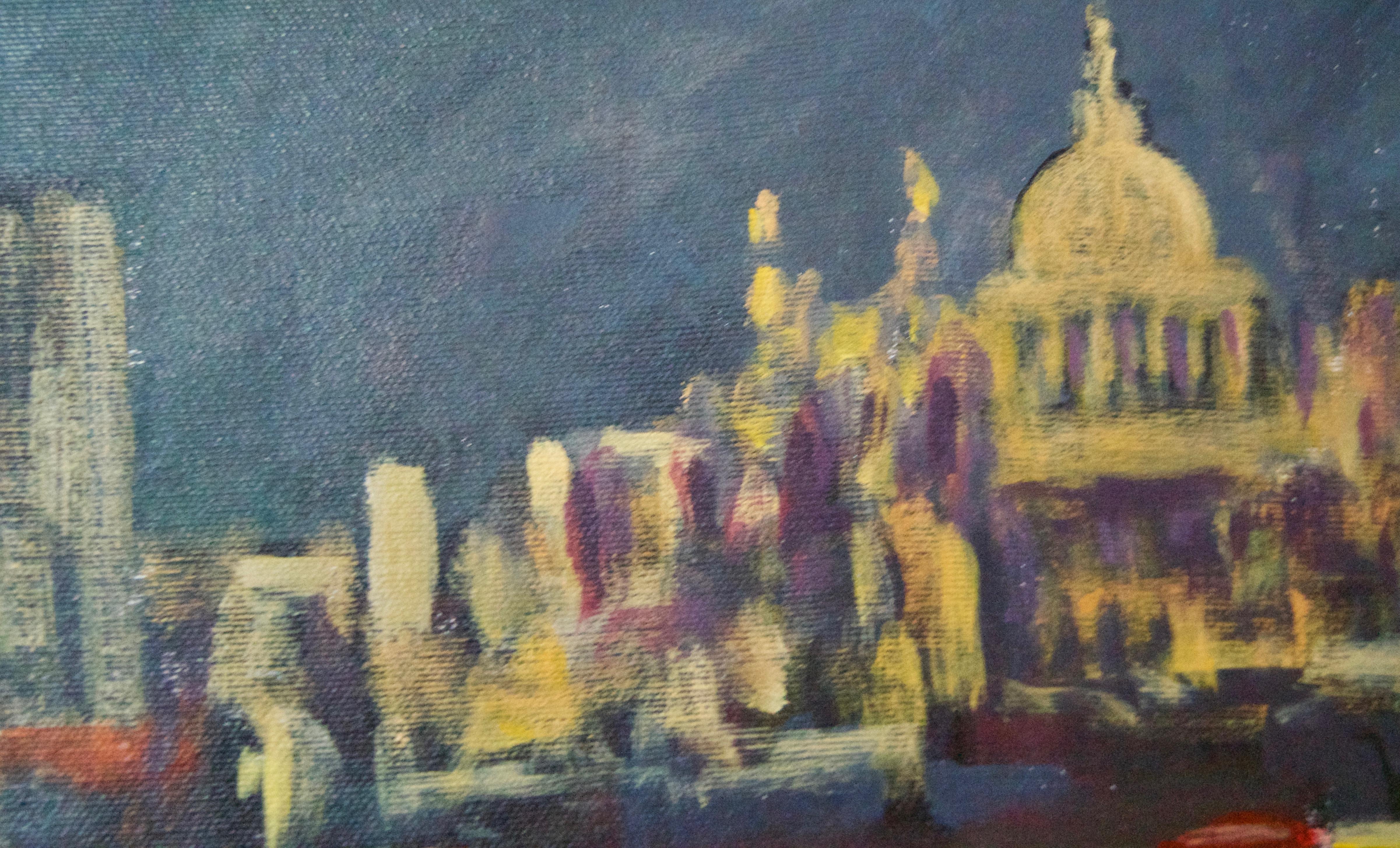 Evening Embankment - Pieza acrílica impresionista de Londres de finales del siglo XX en venta 1