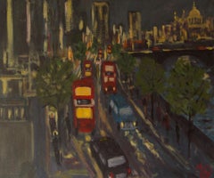 Vintage Evening Embankment - Late 20th Century Impressionist Acrylic Piece of London