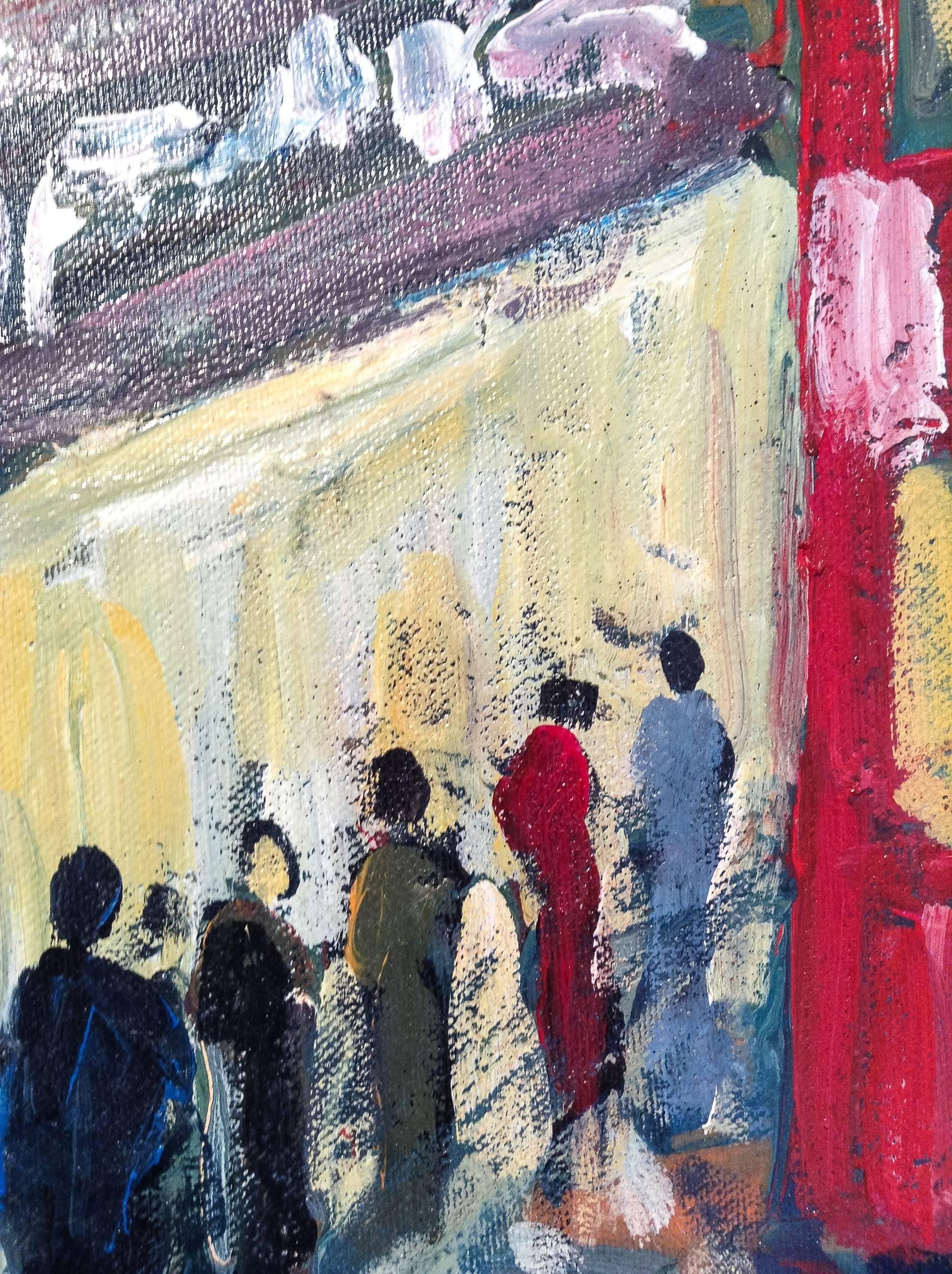 Late Night Shopping - Paesaggio urbano di Londra pittura ad olio astratta figurativa e realistica - Painting di Michael Quirke